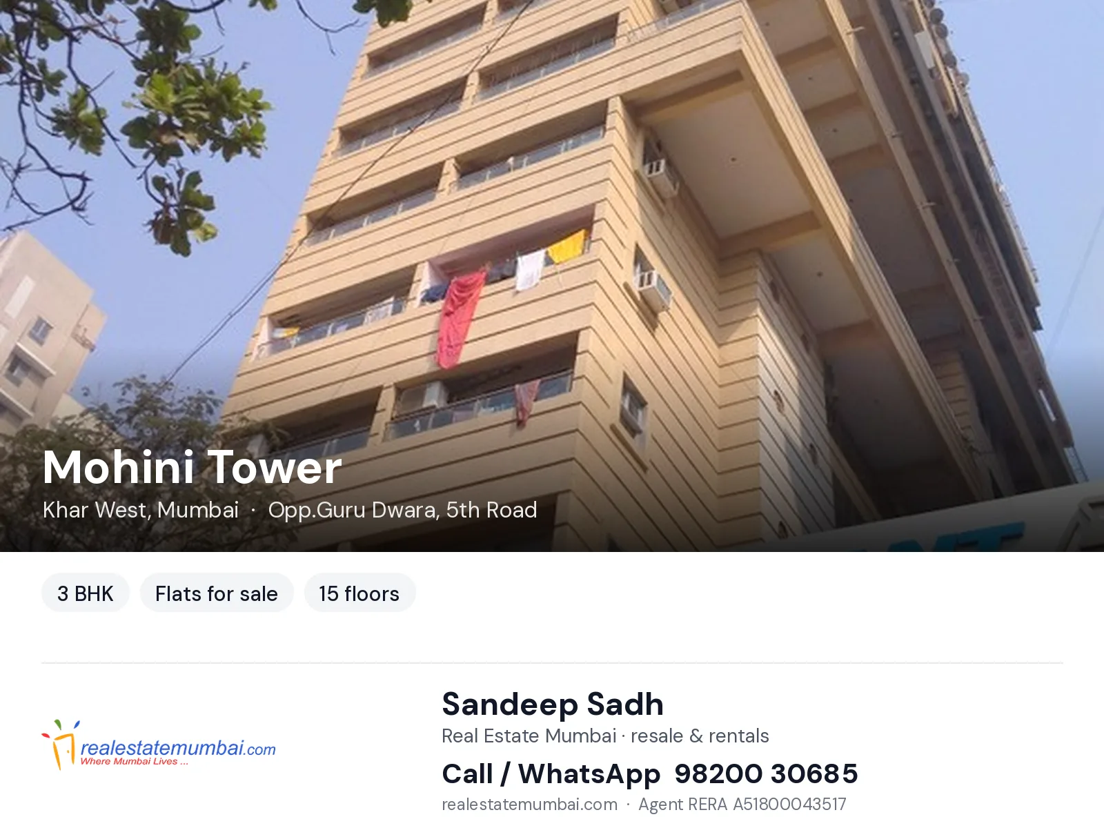 Mohini Tower, Khar West, Mumbai — 3 BHK flats for sale | Real Estate Mumbai, Sandeep Sadh 98200 30685