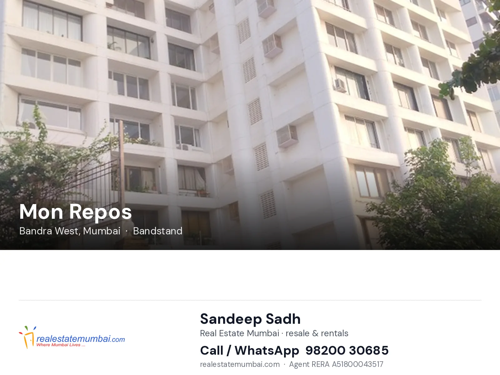 Mon Repos, Bandra West, Mumbai — flats | Real Estate Mumbai, Sandeep Sadh 98200 30685