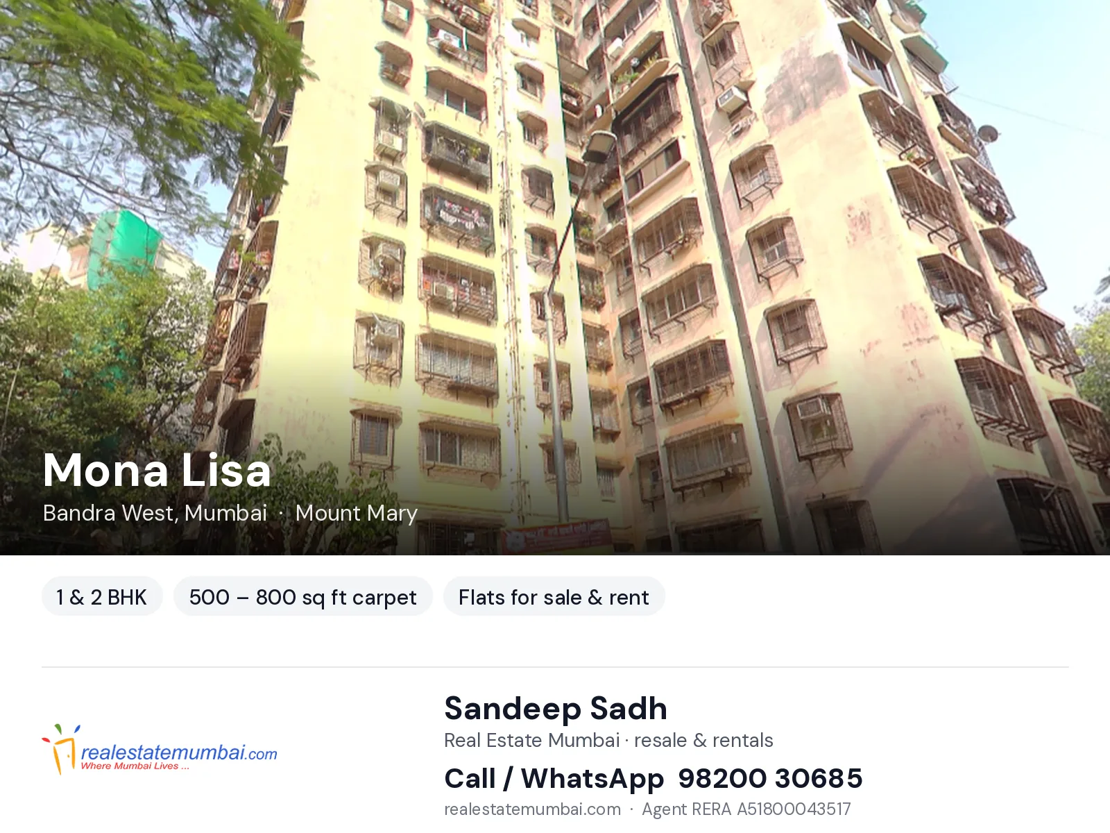 Mona Lisa, Bandra West, Mumbai — 1 & 2 BHK flats for sale & rent | Real Estate Mumbai, Sandeep Sadh 98200 30685