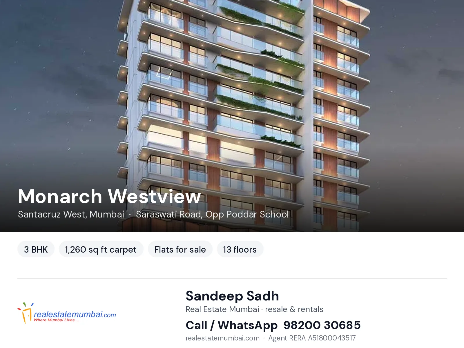Monarch Westview, Santacruz West, Mumbai — 3 BHK flats for sale | Real Estate Mumbai, Sandeep Sadh 98200 30685
