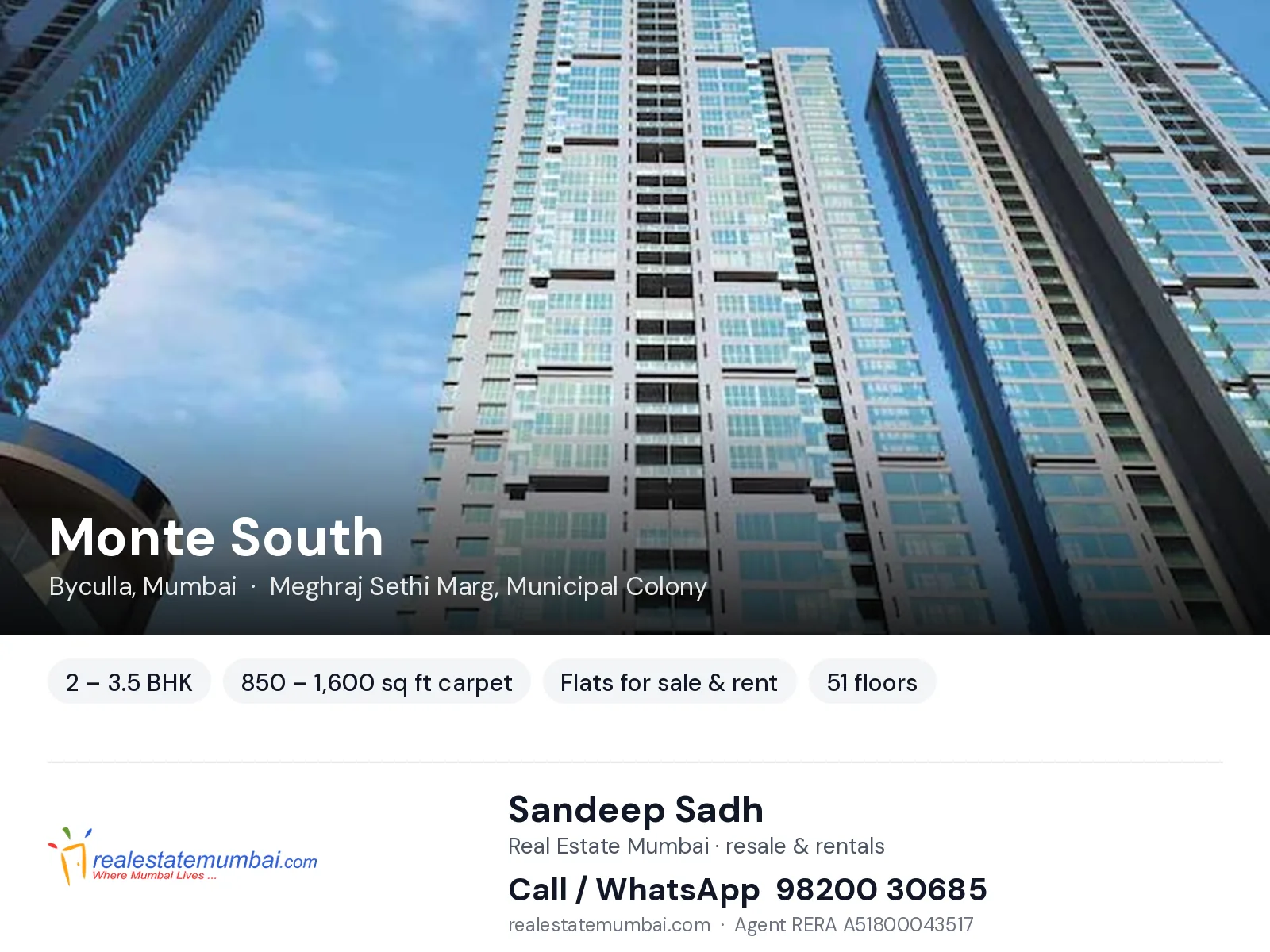 Monte South, Byculla, Mumbai — 2 – 3.5 BHK flats for sale & rent | Real Estate Mumbai, Sandeep Sadh 98200 30685