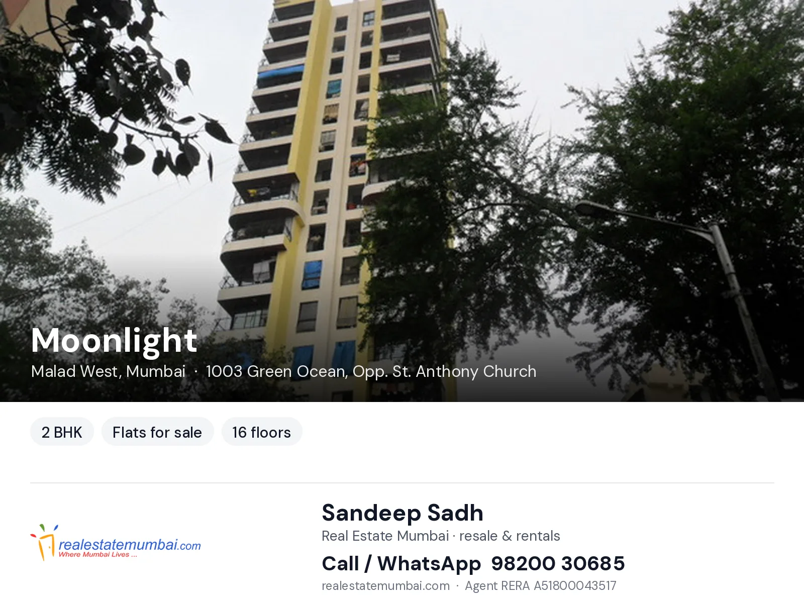 Moonlight, Malad West, Mumbai — 2 BHK flats for sale | Real Estate Mumbai, Sandeep Sadh 98200 30685