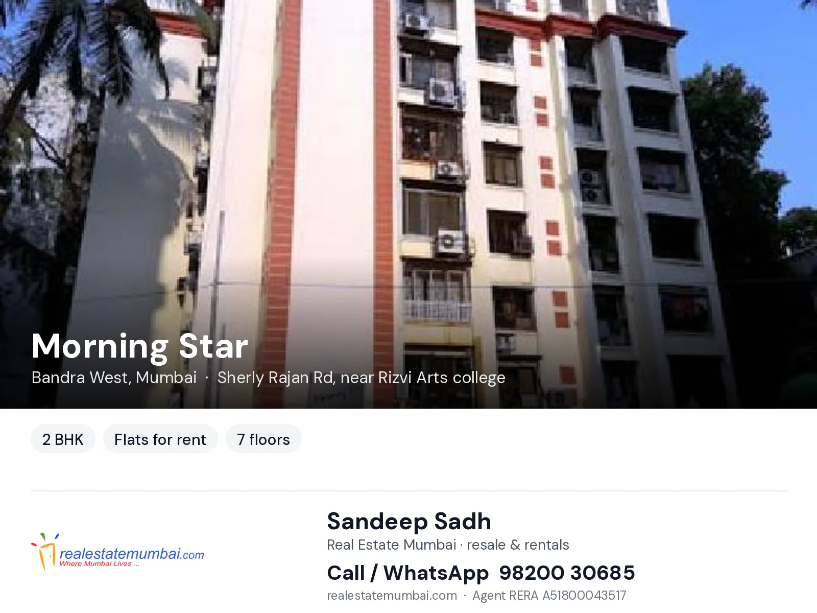 Morning Star, Bandra West, Mumbai — 2 BHK flats for rent | Real Estate Mumbai, Sandeep Sadh 98200 30685