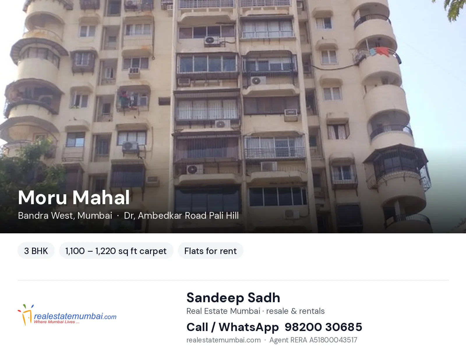 Moru Mahal, Bandra West, Mumbai — 3 BHK flats for rent | Real Estate Mumbai, Sandeep Sadh 98200 30685