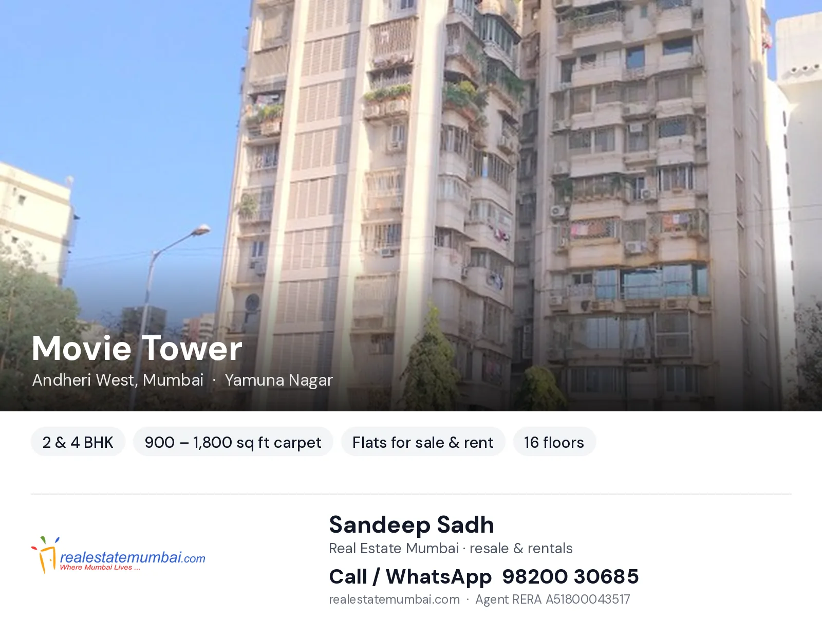 Movie Tower, Andheri West, Mumbai — 2 & 4 BHK flats for sale & rent | Real Estate Mumbai, Sandeep Sadh 98200 30685