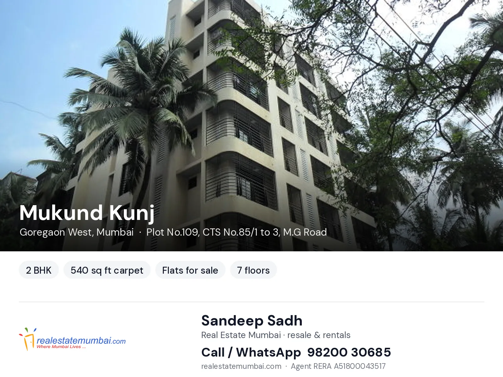 Mukund Kunj, Goregaon West, Mumbai — 2 BHK flats for sale | Real Estate Mumbai, Sandeep Sadh 98200 30685