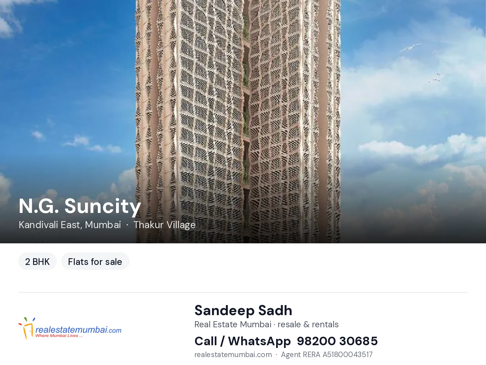 N.G. Suncity, Kandivali East, Mumbai — 2 BHK flats for sale | Real Estate Mumbai, Sandeep Sadh 98200 30685