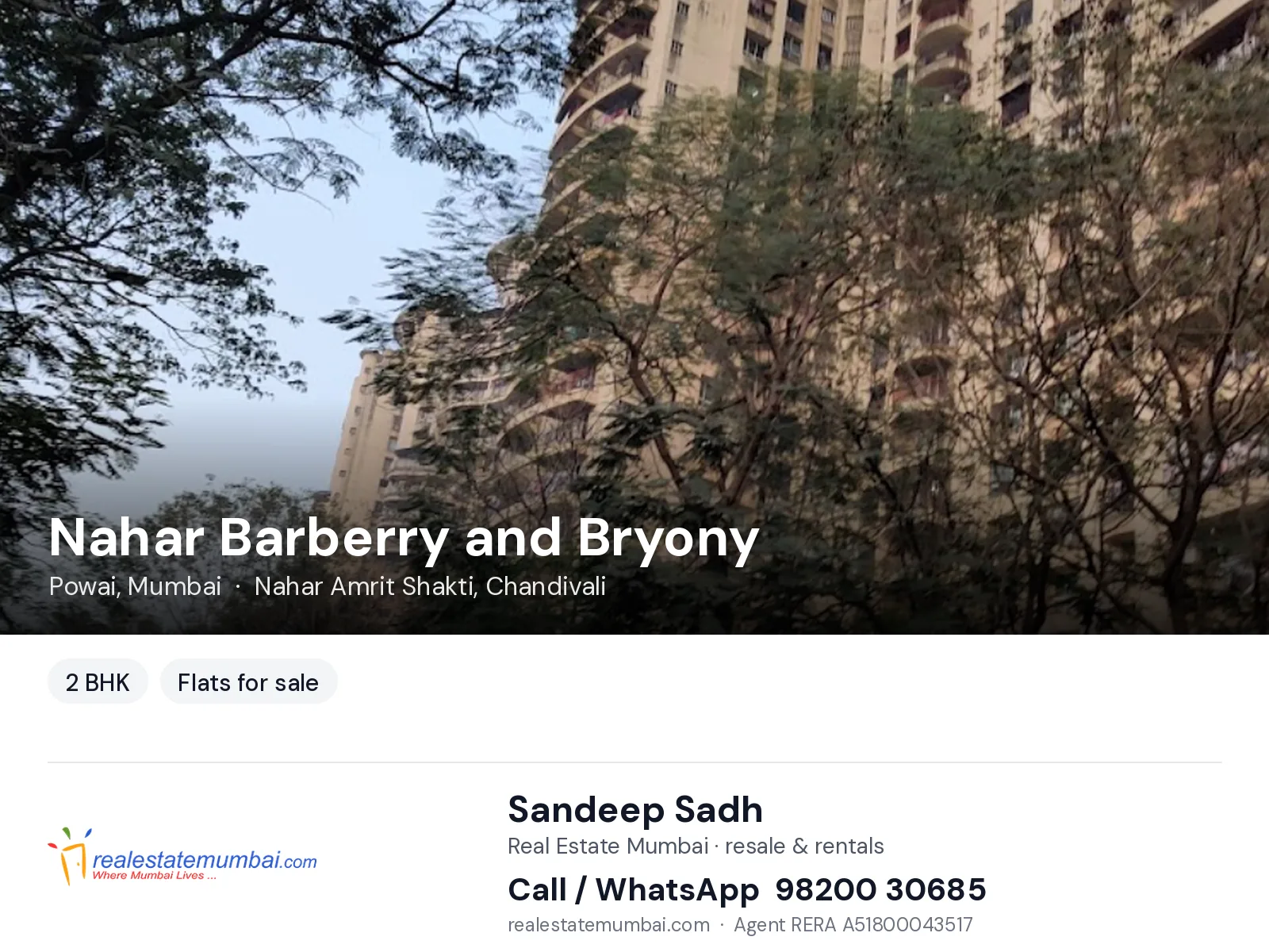 Nahar Barberry and Bryony, Powai, Mumbai — 2 BHK flats for sale | Real Estate Mumbai, Sandeep Sadh 98200 30685
