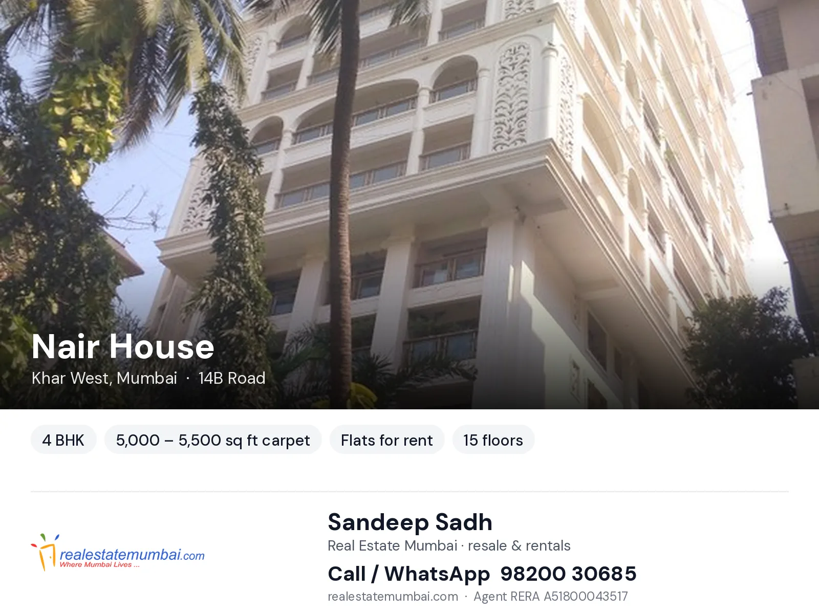 Nair House, Khar West, Mumbai — 4 BHK flats for rent | Real Estate Mumbai, Sandeep Sadh 98200 30685