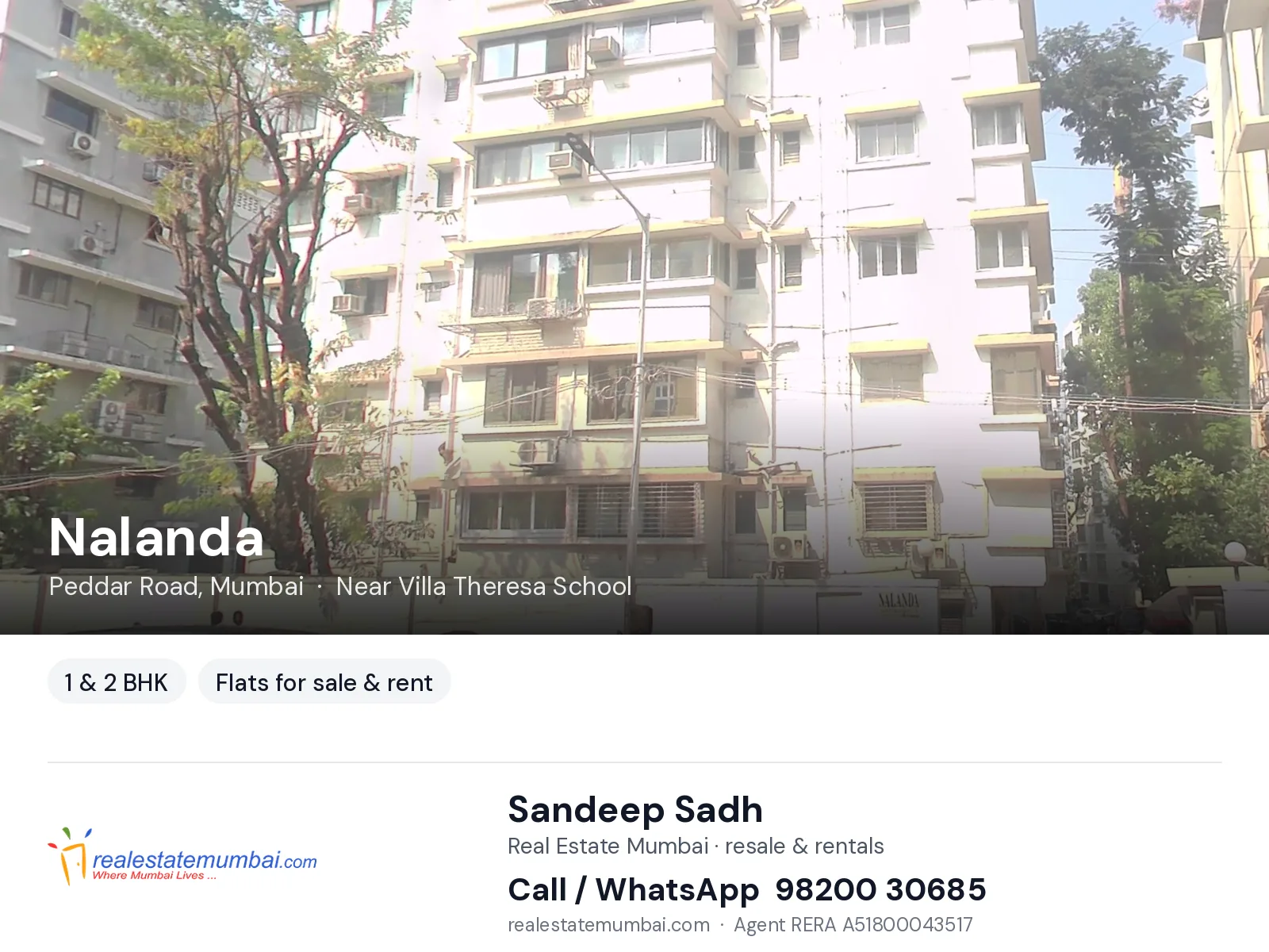 Nalanda, Peddar Road, Mumbai — 1 & 2 BHK flats for sale & rent | Real Estate Mumbai, Sandeep Sadh 98200 30685