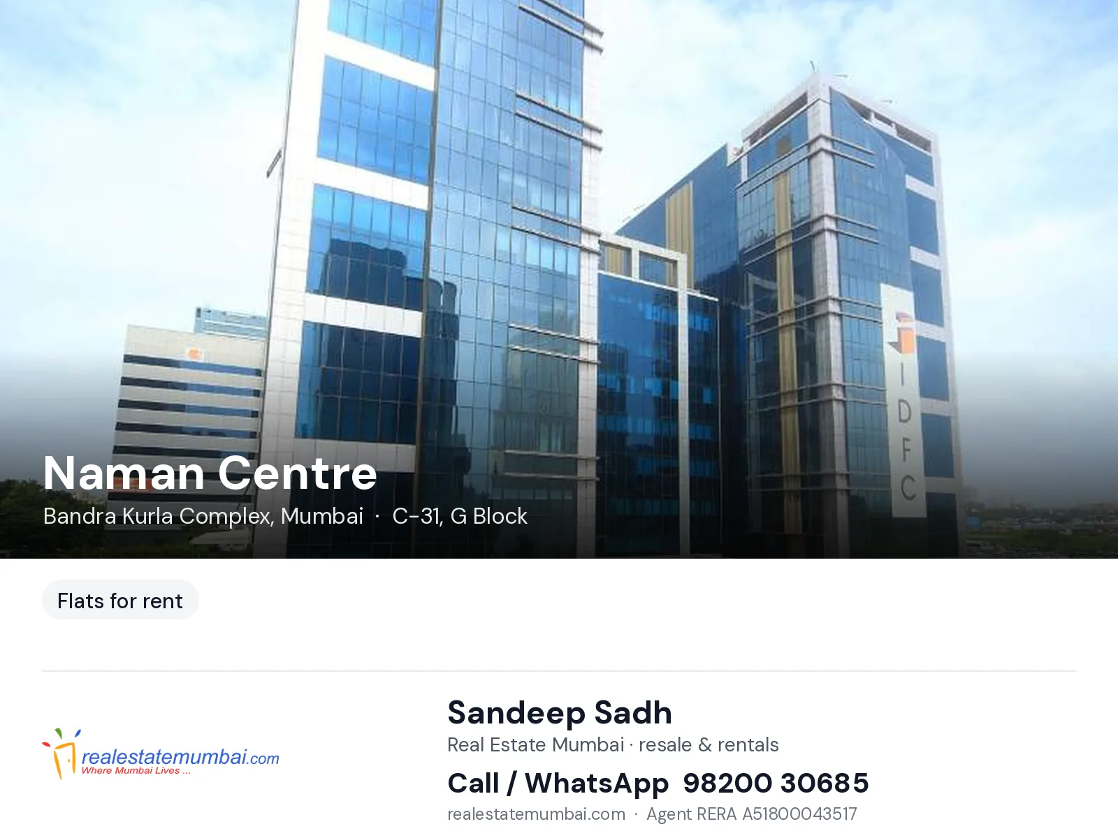 Naman Centre, Bandra Kurla Complex, Mumbai — flats for rent | Real Estate Mumbai, Sandeep Sadh 98200 30685