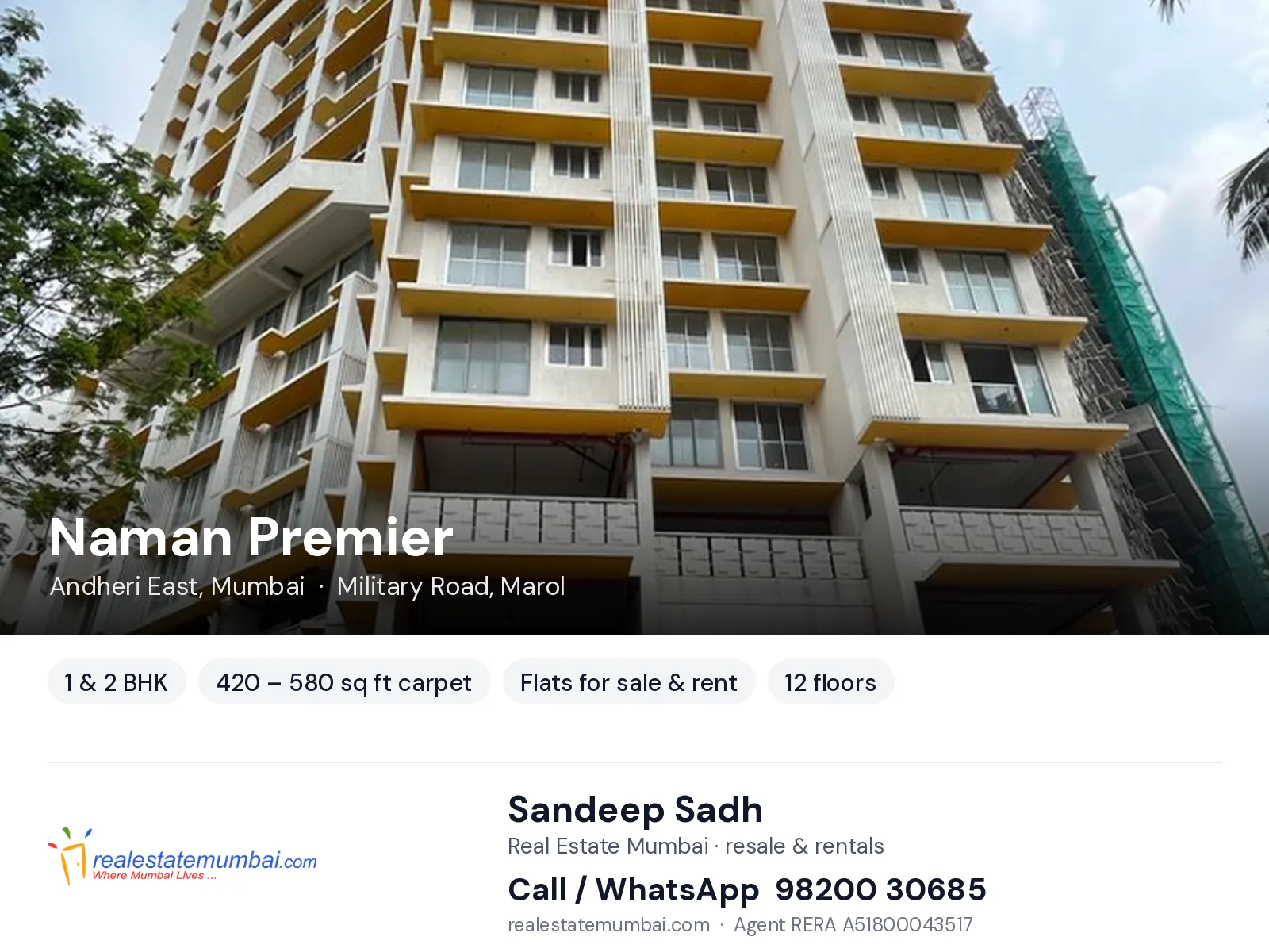 Naman Premier, Andheri East, Mumbai — 1 & 2 BHK flats for sale & rent | Real Estate Mumbai, Sandeep Sadh 98200 30685