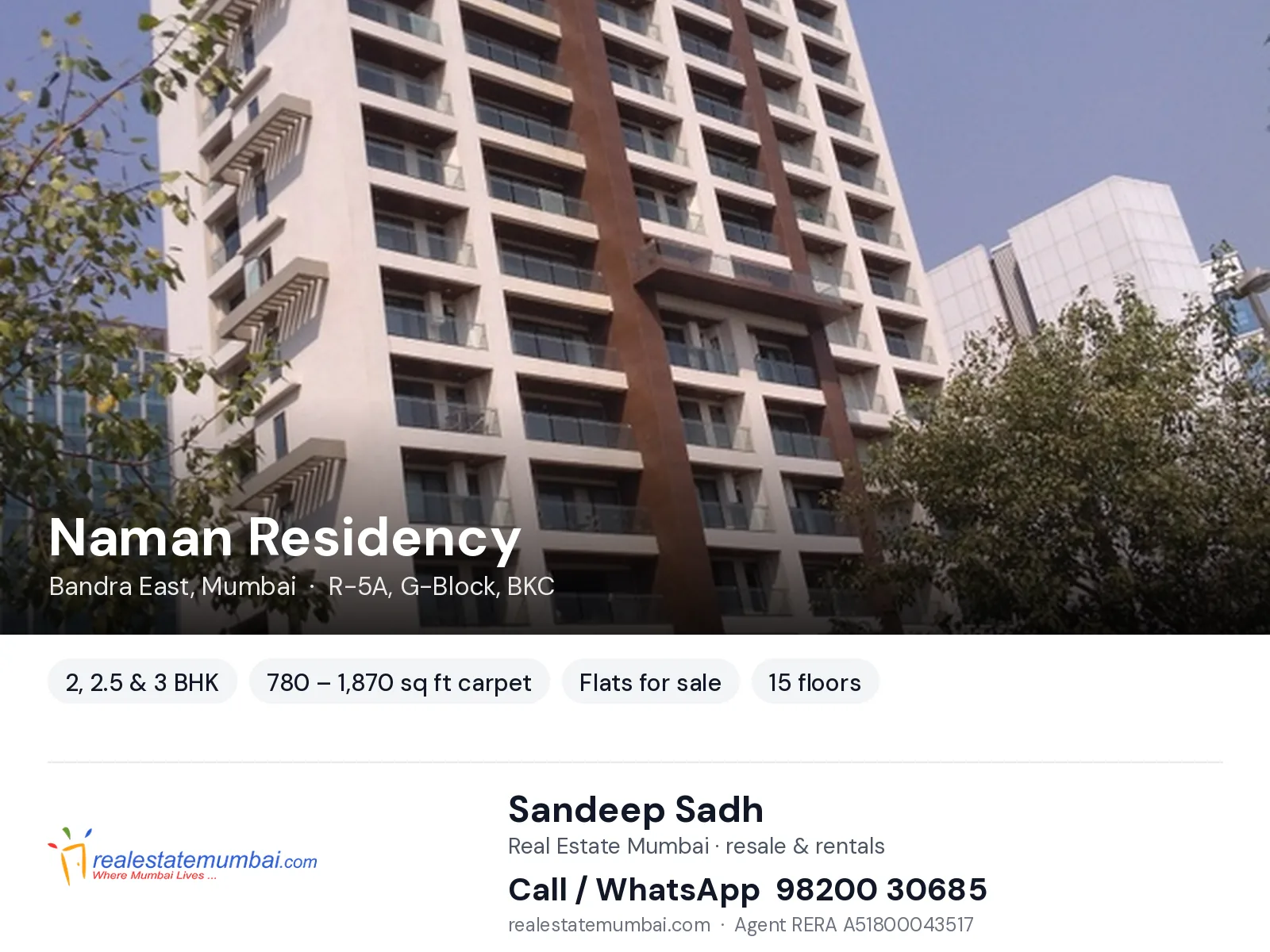 Naman Residency, Bandra East, Mumbai — 2, 2.5 & 3 BHK flats for sale | Real Estate Mumbai, Sandeep Sadh 98200 30685