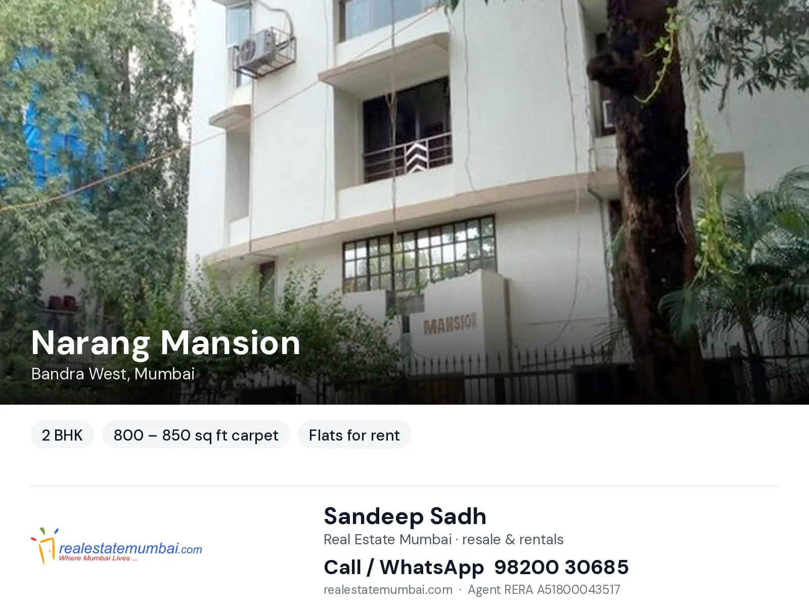 Narang Mansion, Bandra West, Mumbai — 2 BHK flats for rent | Real Estate Mumbai, Sandeep Sadh 98200 30685