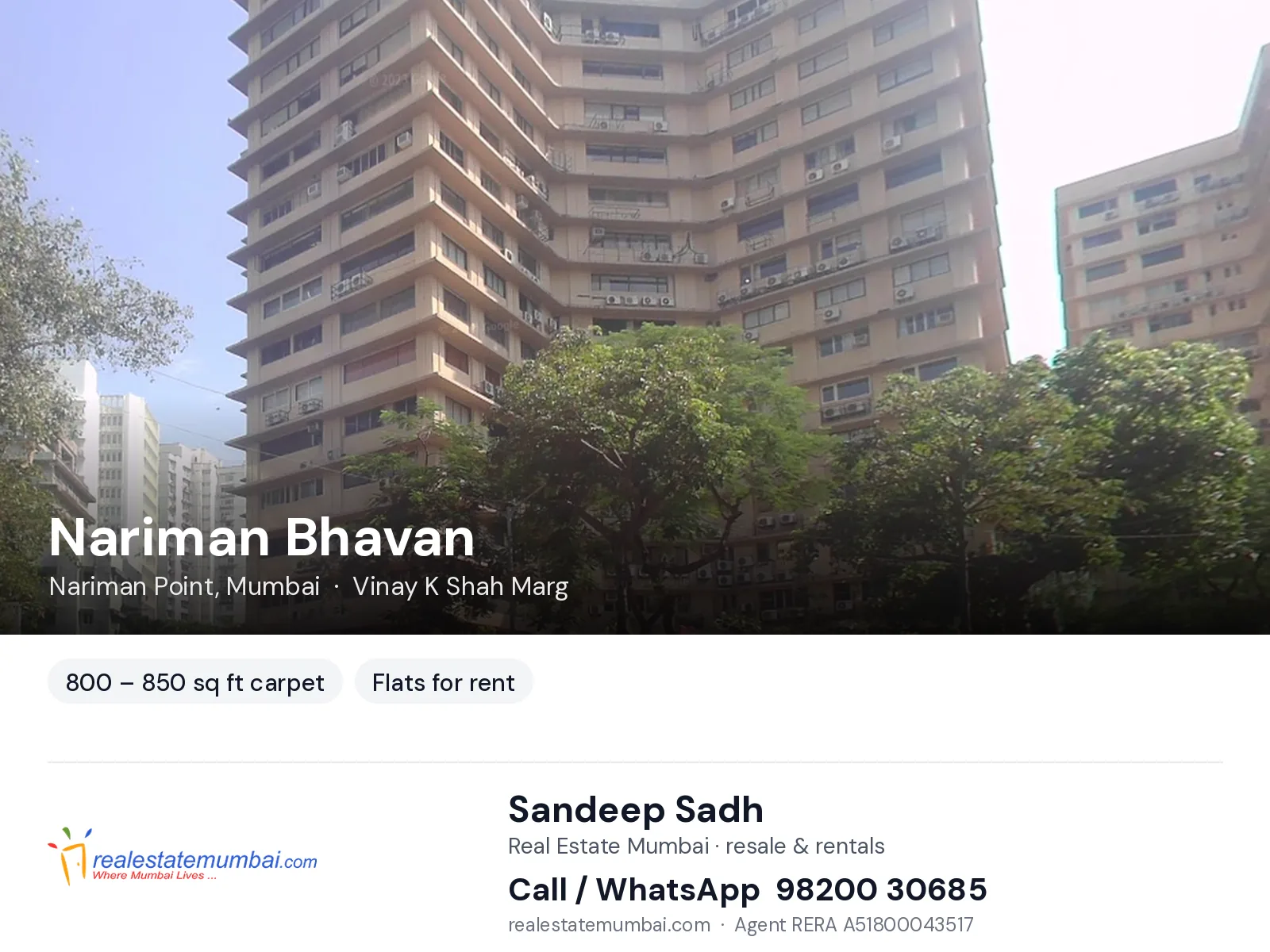 Nariman Bhavan, Nariman Point, Mumbai — flats for rent | Real Estate Mumbai, Sandeep Sadh 98200 30685