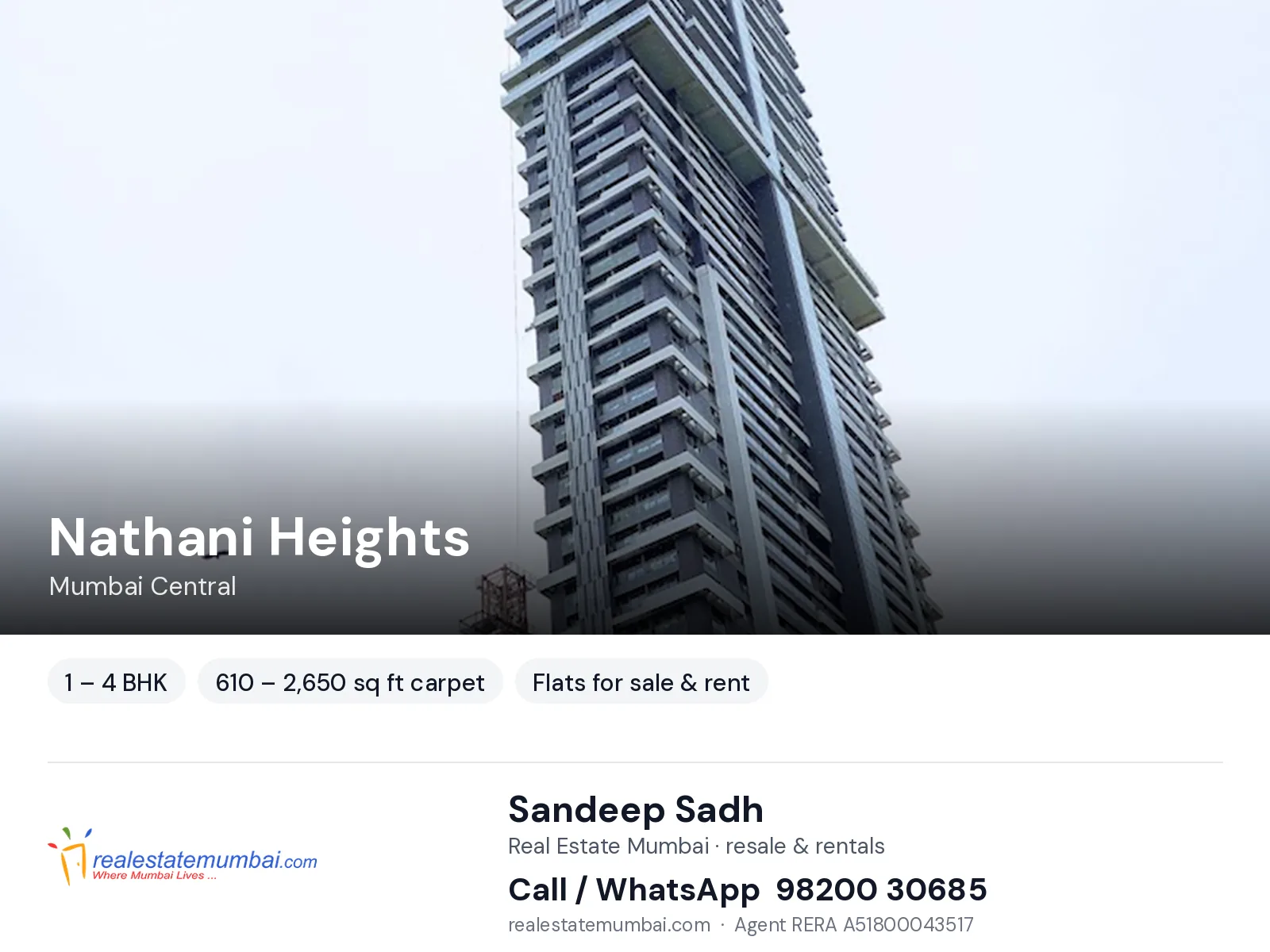 Nathani Heights, Mumbai Central — 1 – 4 BHK flats for sale & rent | Real Estate Mumbai, Sandeep Sadh 98200 30685