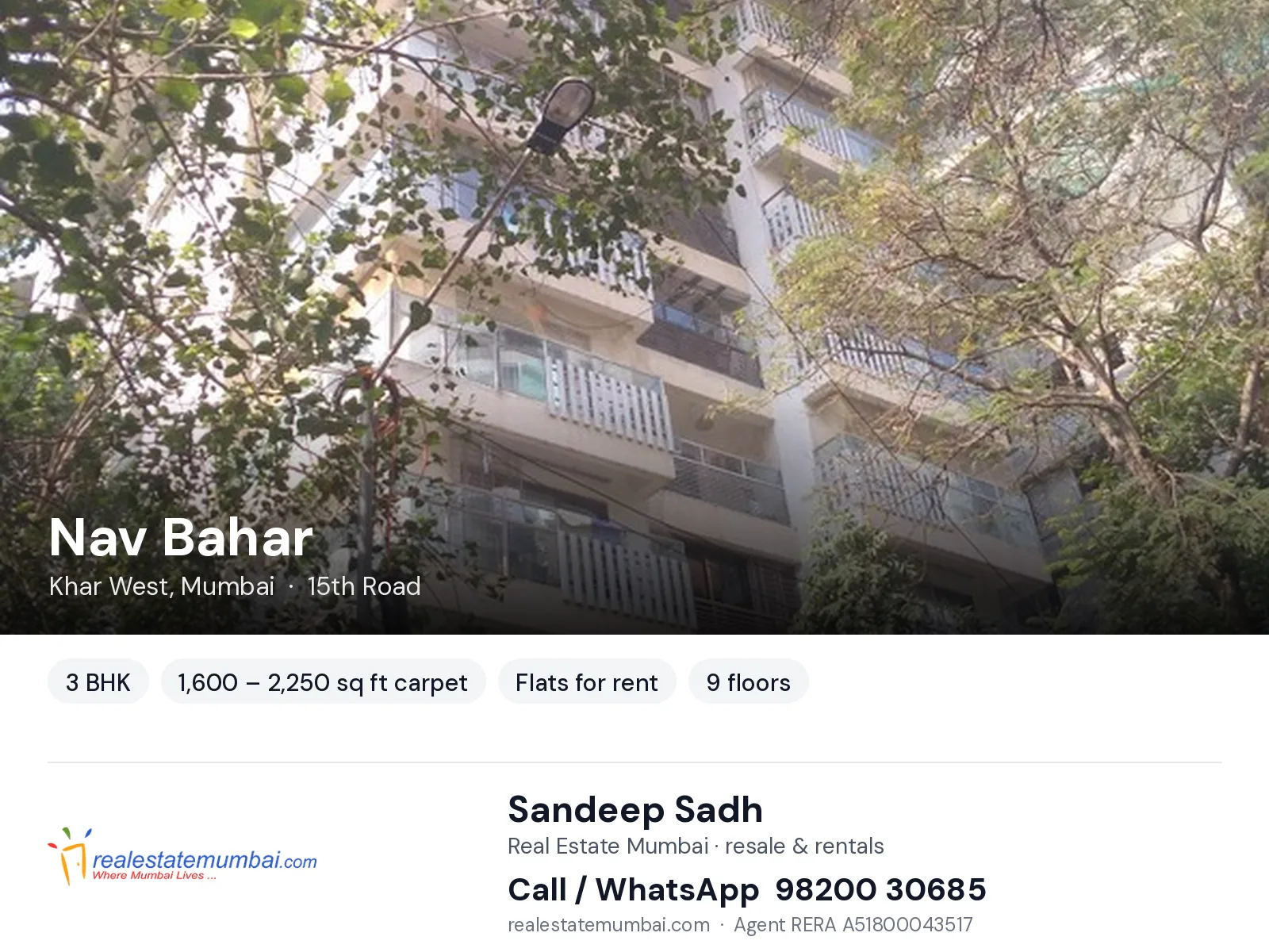 Nav Bahar, Khar West, Mumbai — 3 BHK flats for rent | Real Estate Mumbai, Sandeep Sadh 98200 30685