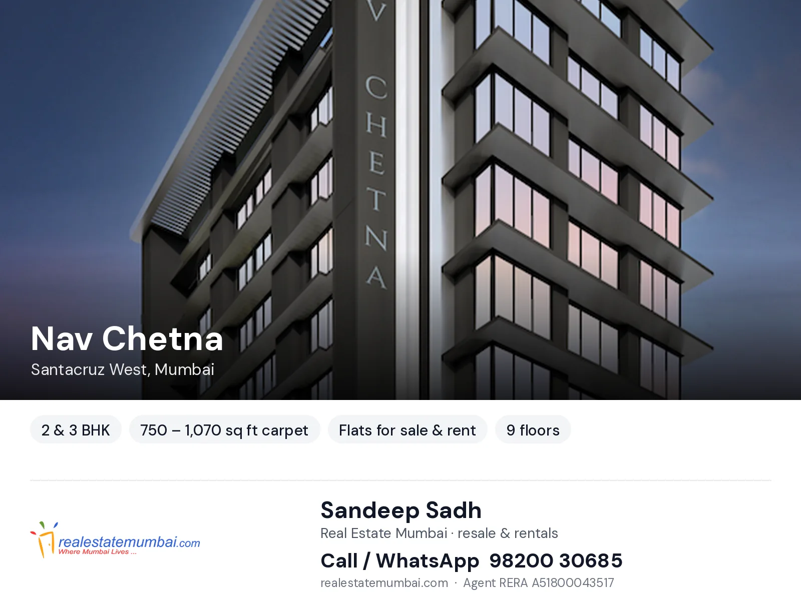 Nav Chetna, Santacruz West, Mumbai — 2 & 3 BHK flats for sale & rent | Real Estate Mumbai, Sandeep Sadh 98200 30685