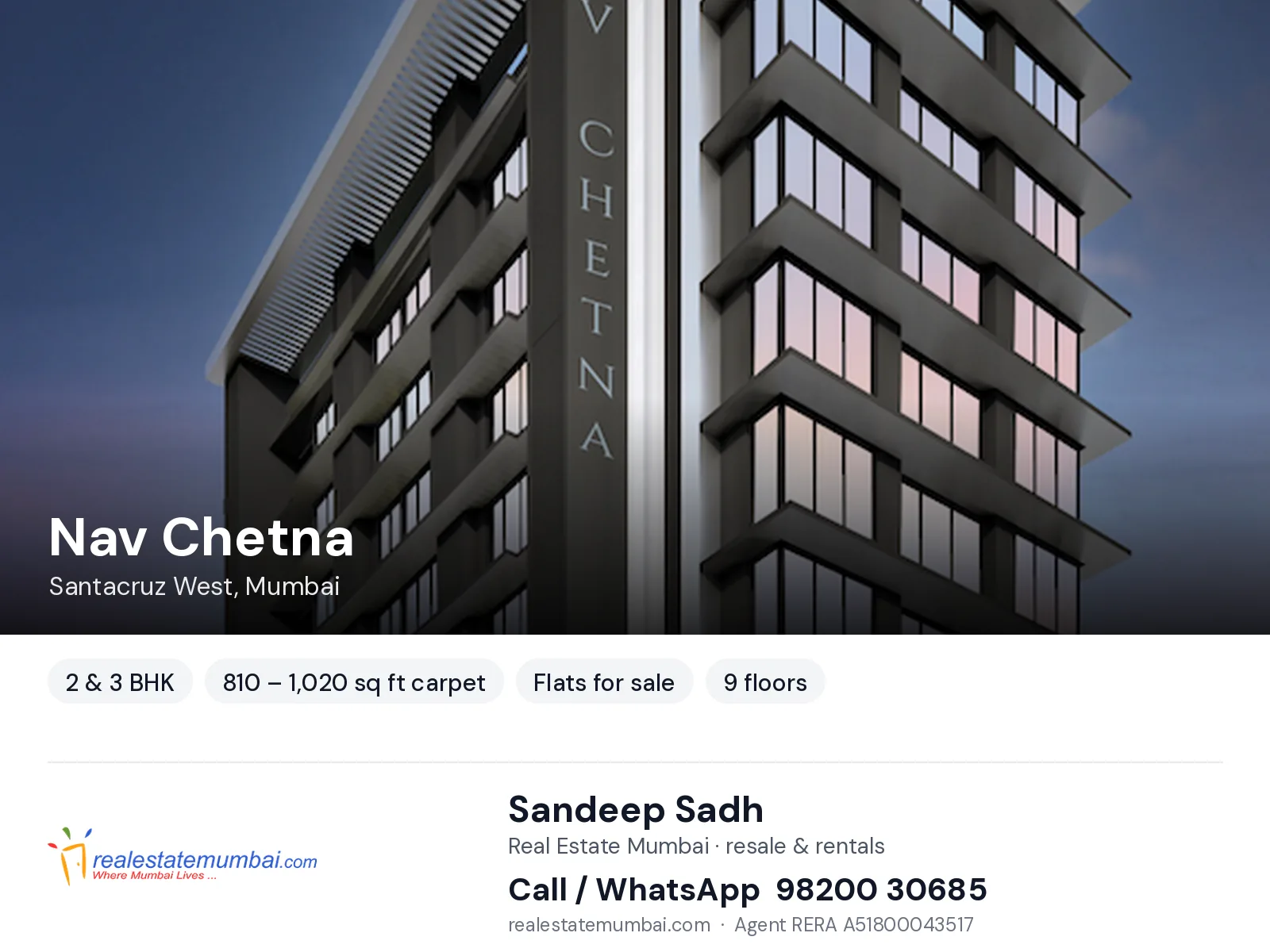 Nav Chetna, Santacruz West, Mumbai — 2 & 3 BHK flats for sale | Real Estate Mumbai, Sandeep Sadh 98200 30685