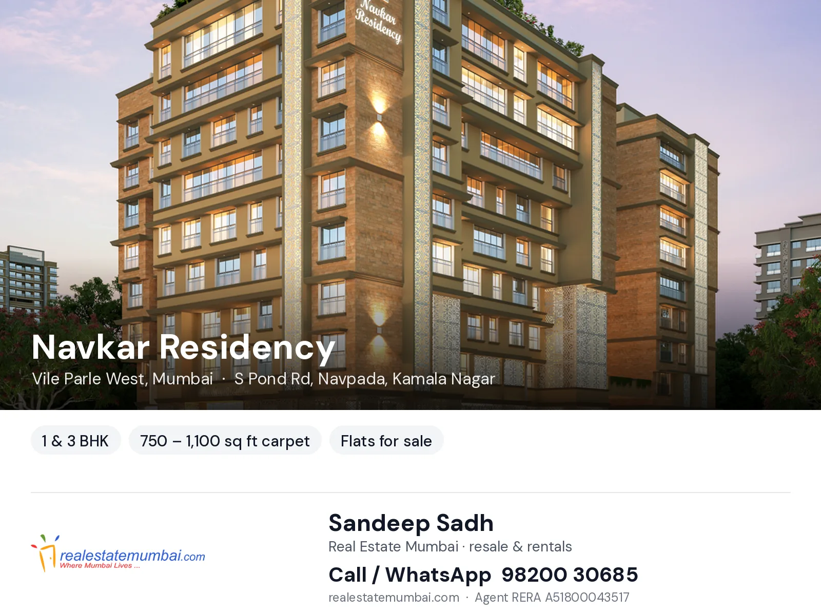 Navkar Residency, Vile Parle West, Mumbai — 1 & 3 BHK flats for sale | Real Estate Mumbai, Sandeep Sadh 98200 30685