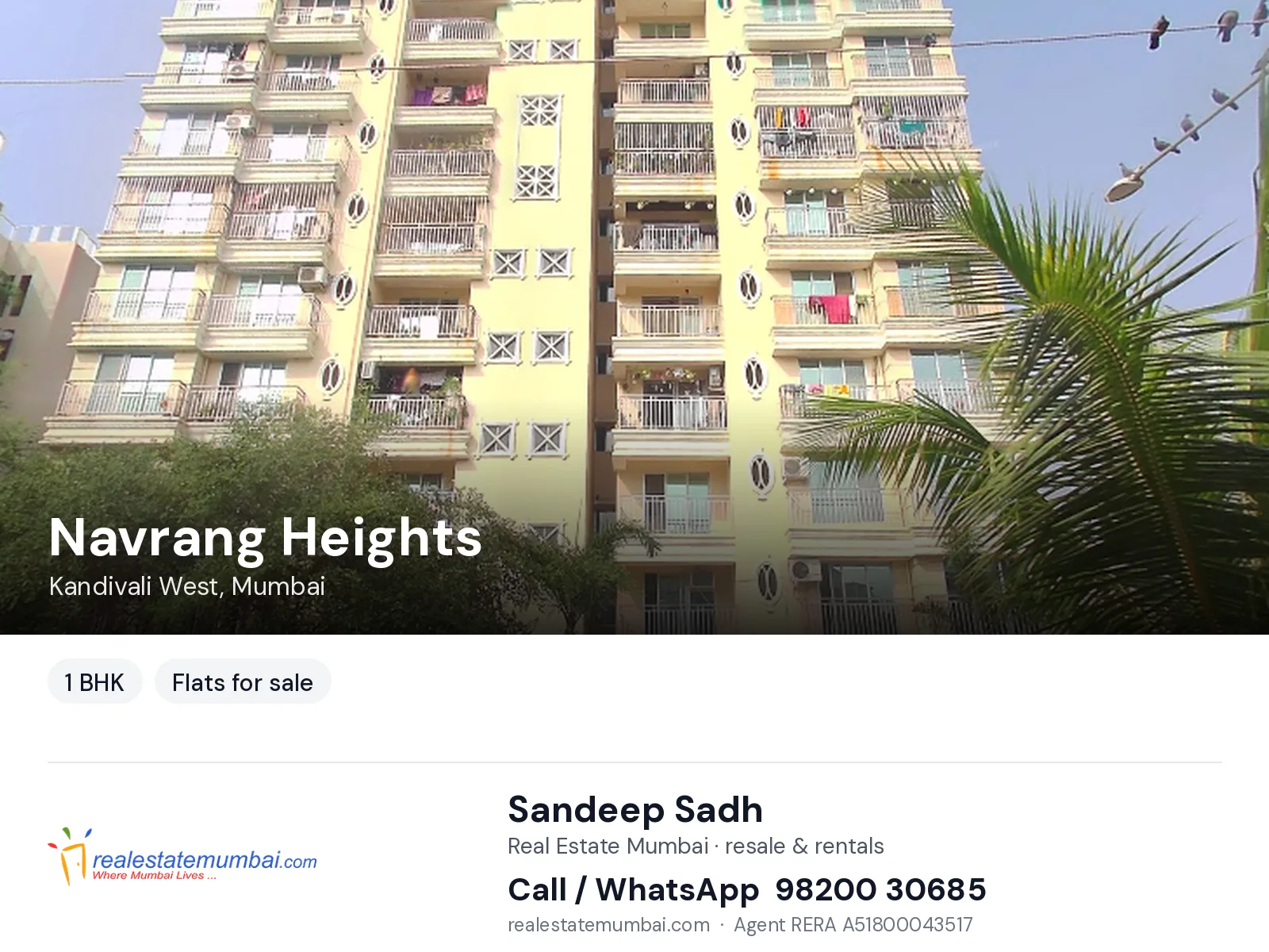 Navrang Heights, Kandivali West, Mumbai — 1 BHK flats for sale | Real Estate Mumbai, Sandeep Sadh 98200 30685