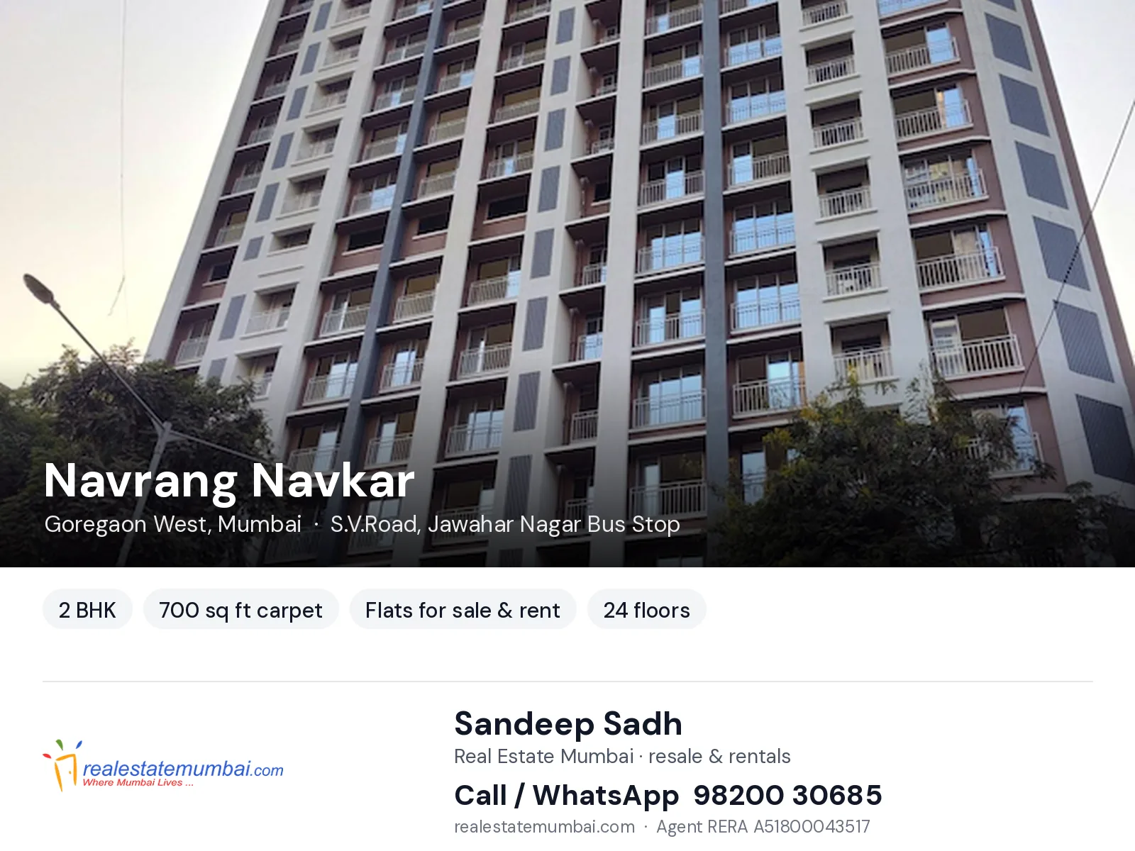 Navrang Navkar, Goregaon West, Mumbai — 2 BHK flats for sale & rent | Real Estate Mumbai, Sandeep Sadh 98200 30685