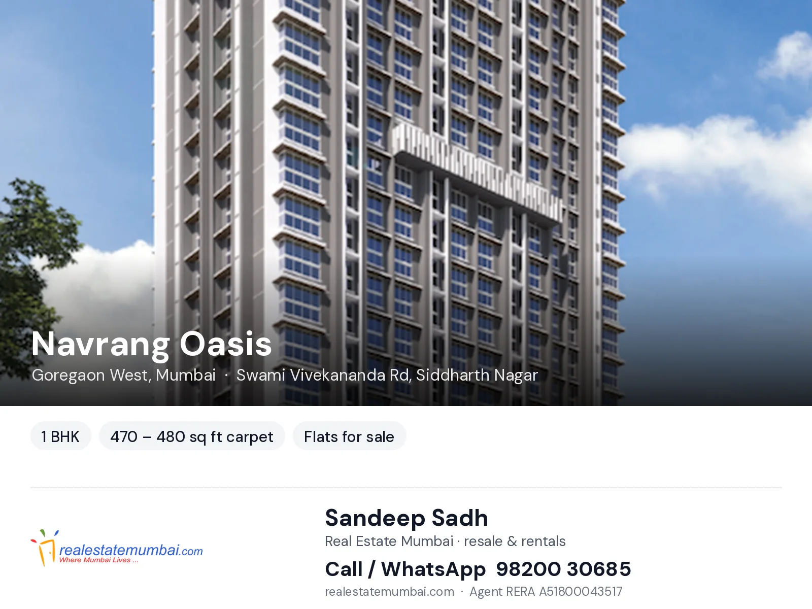 Navrang Oasis, Goregaon West, Mumbai — 1 BHK flats for sale | Real Estate Mumbai, Sandeep Sadh 98200 30685