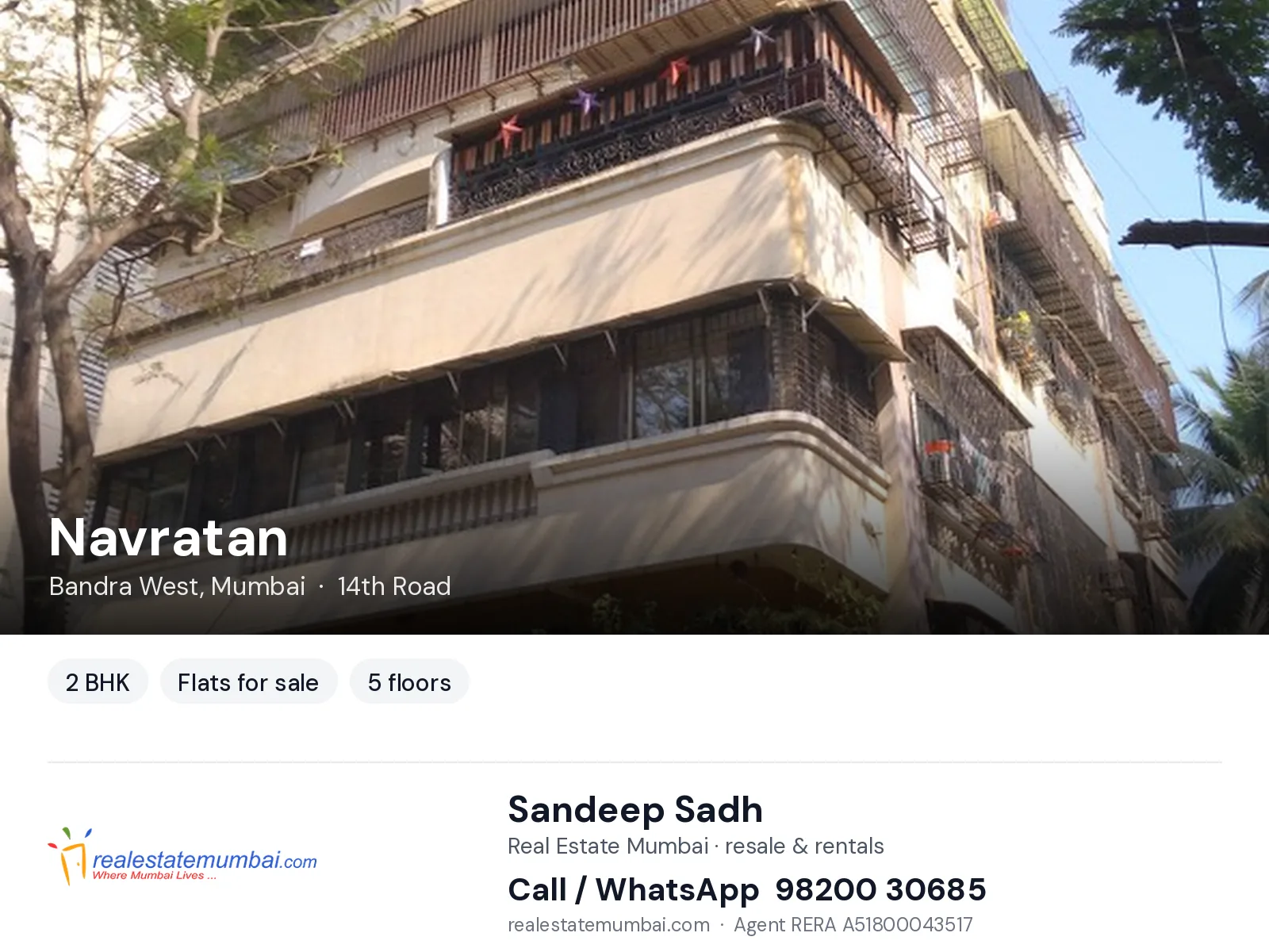 Navratan, Bandra West, Mumbai — 2 BHK flats for sale | Real Estate Mumbai, Sandeep Sadh 98200 30685
