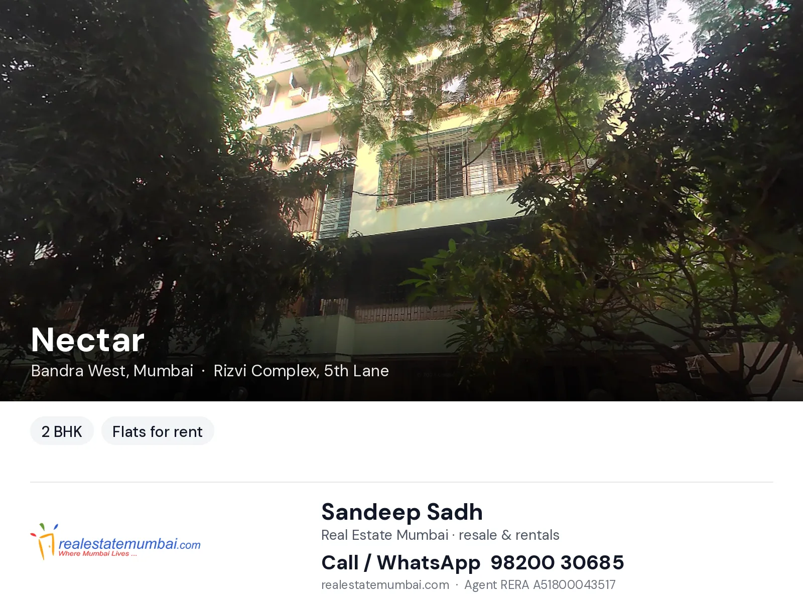 Nectar, Bandra West, Mumbai — 2 BHK flats for rent | Real Estate Mumbai, Sandeep Sadh 98200 30685