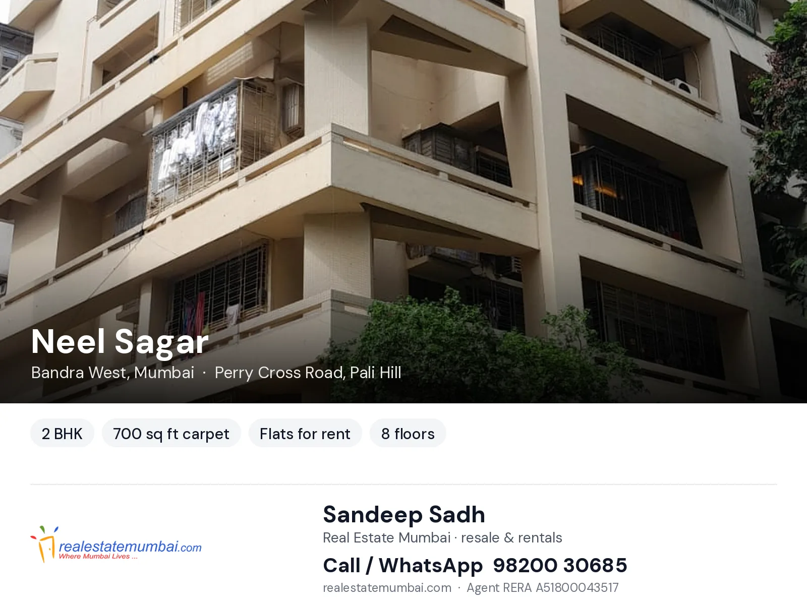 Neel Sagar, Bandra West, Mumbai — 2 BHK flats for rent | Real Estate Mumbai, Sandeep Sadh 98200 30685