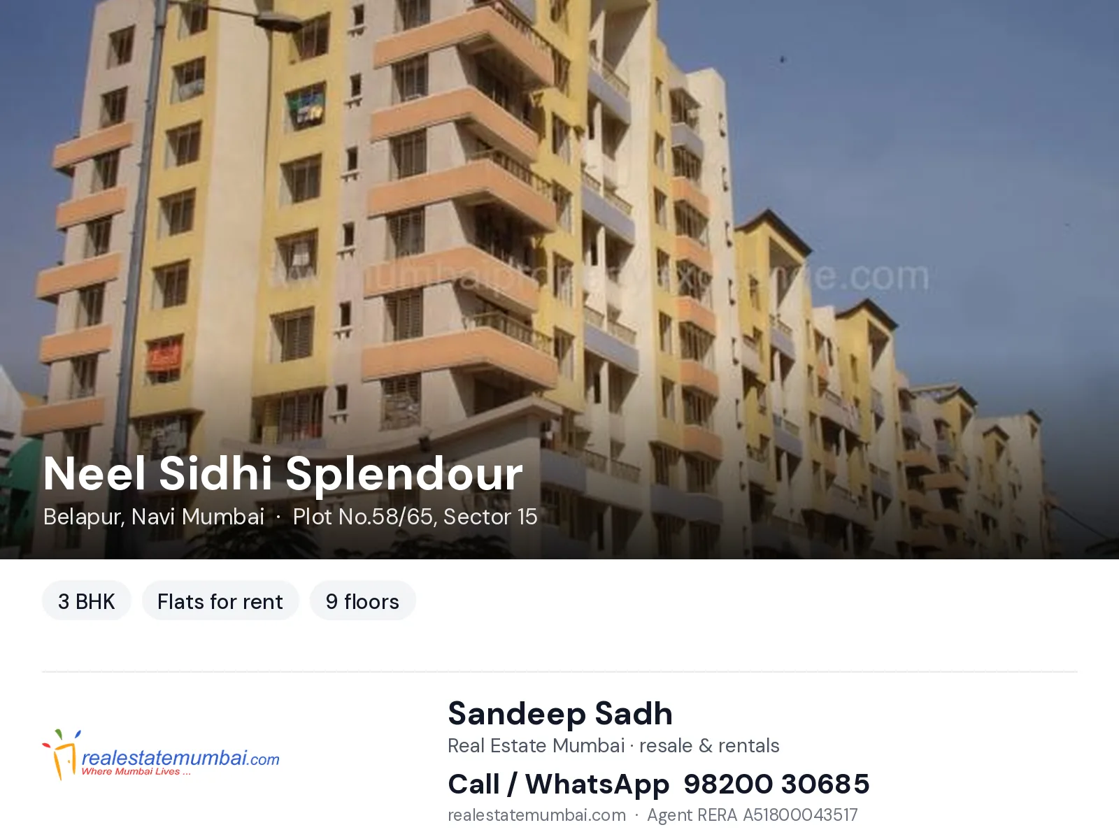 Neel Sidhi Splendour, Belapur, Navi Mumbai — 3 BHK flats for rent | Real Estate Mumbai, Sandeep Sadh 98200 30685