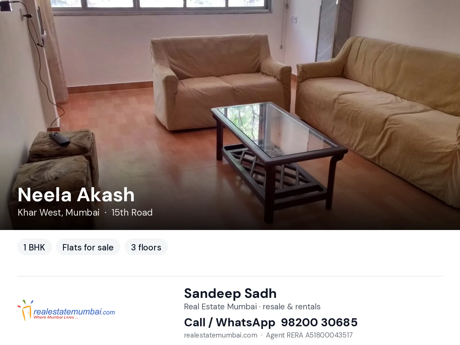 Neela Akash, Khar West, Mumbai — 1 BHK flats for sale | Real Estate Mumbai, Sandeep Sadh 98200 30685