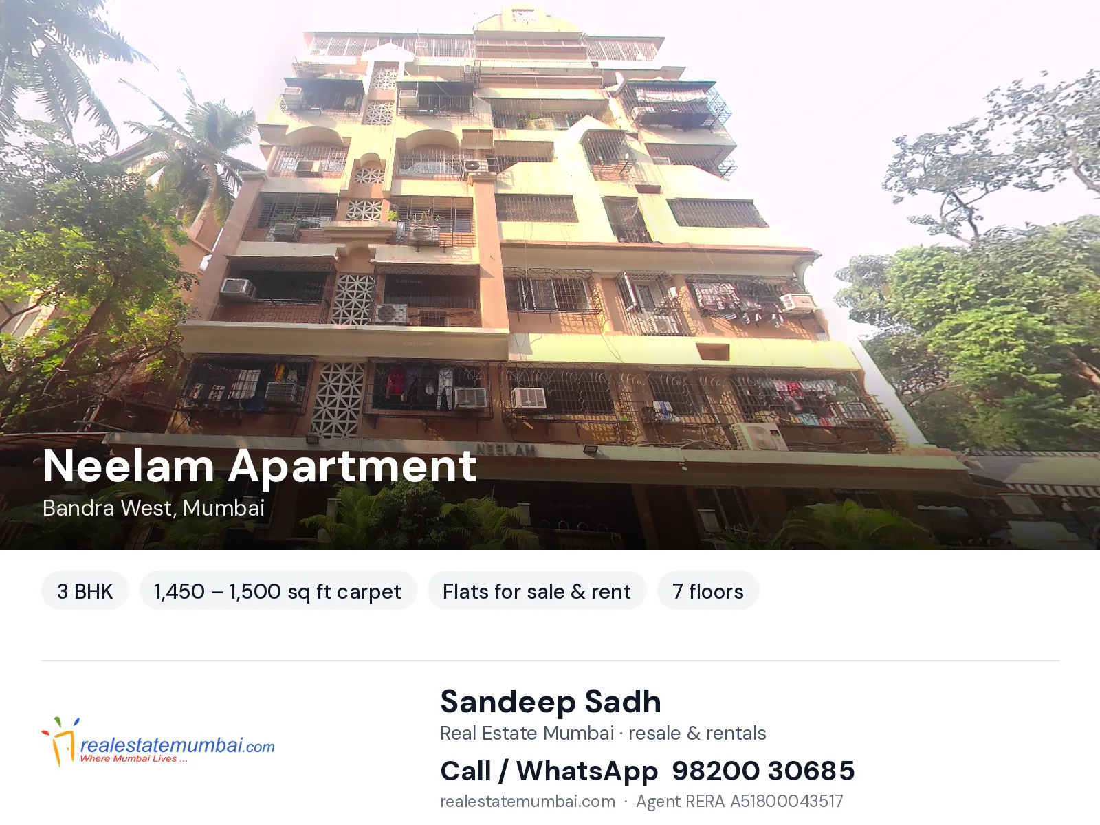 Neelam Apartment, Bandra West, Mumbai — 3 BHK flats for sale & rent | Real Estate Mumbai, Sandeep Sadh 98200 30685