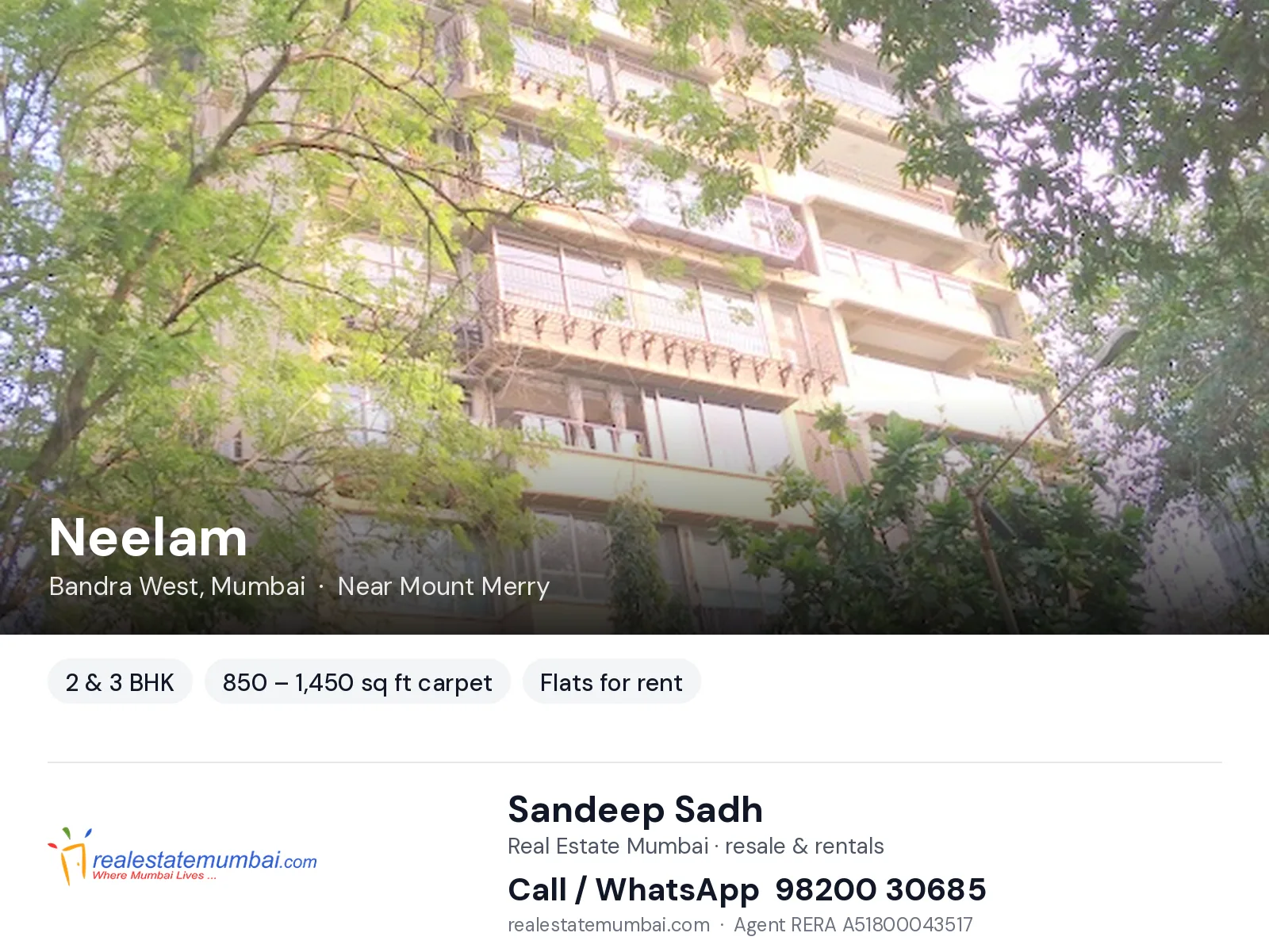 Neelam, Bandra West, Mumbai — 2 & 3 BHK flats for rent | Real Estate Mumbai, Sandeep Sadh 98200 30685