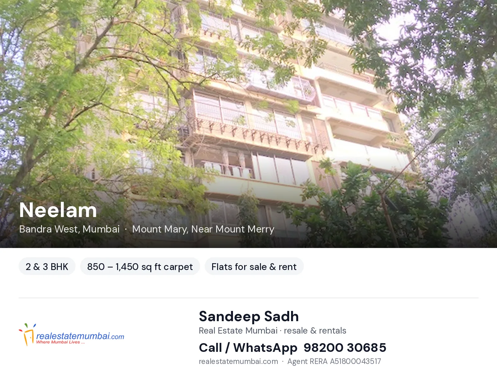 Neelam, Bandra West, Mumbai — 2 & 3 BHK flats for sale & rent | Real Estate Mumbai, Sandeep Sadh 98200 30685