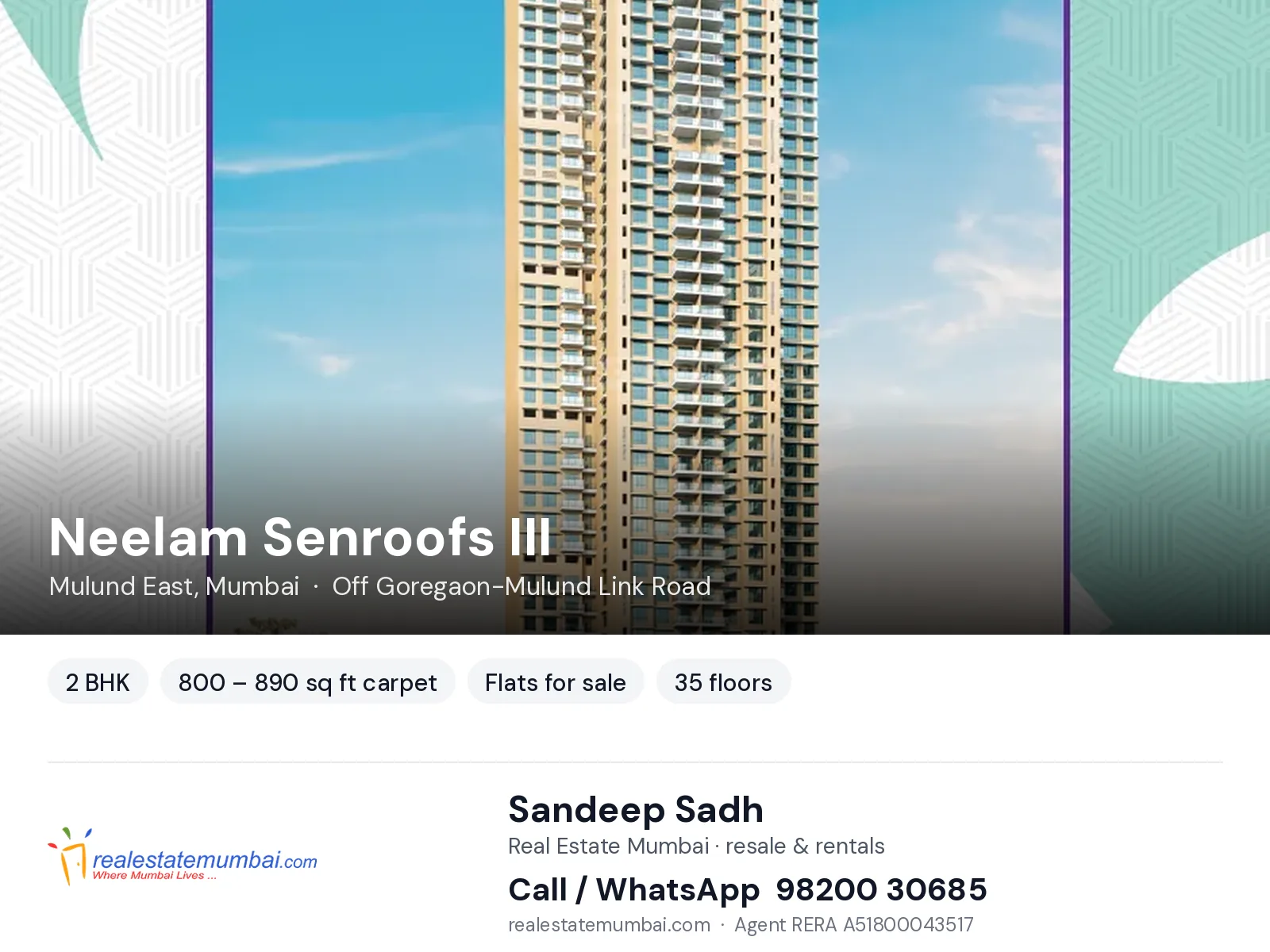 Neelam Senroofs III, Mulund East, Mumbai — 2 BHK flats for sale | Real Estate Mumbai, Sandeep Sadh 98200 30685