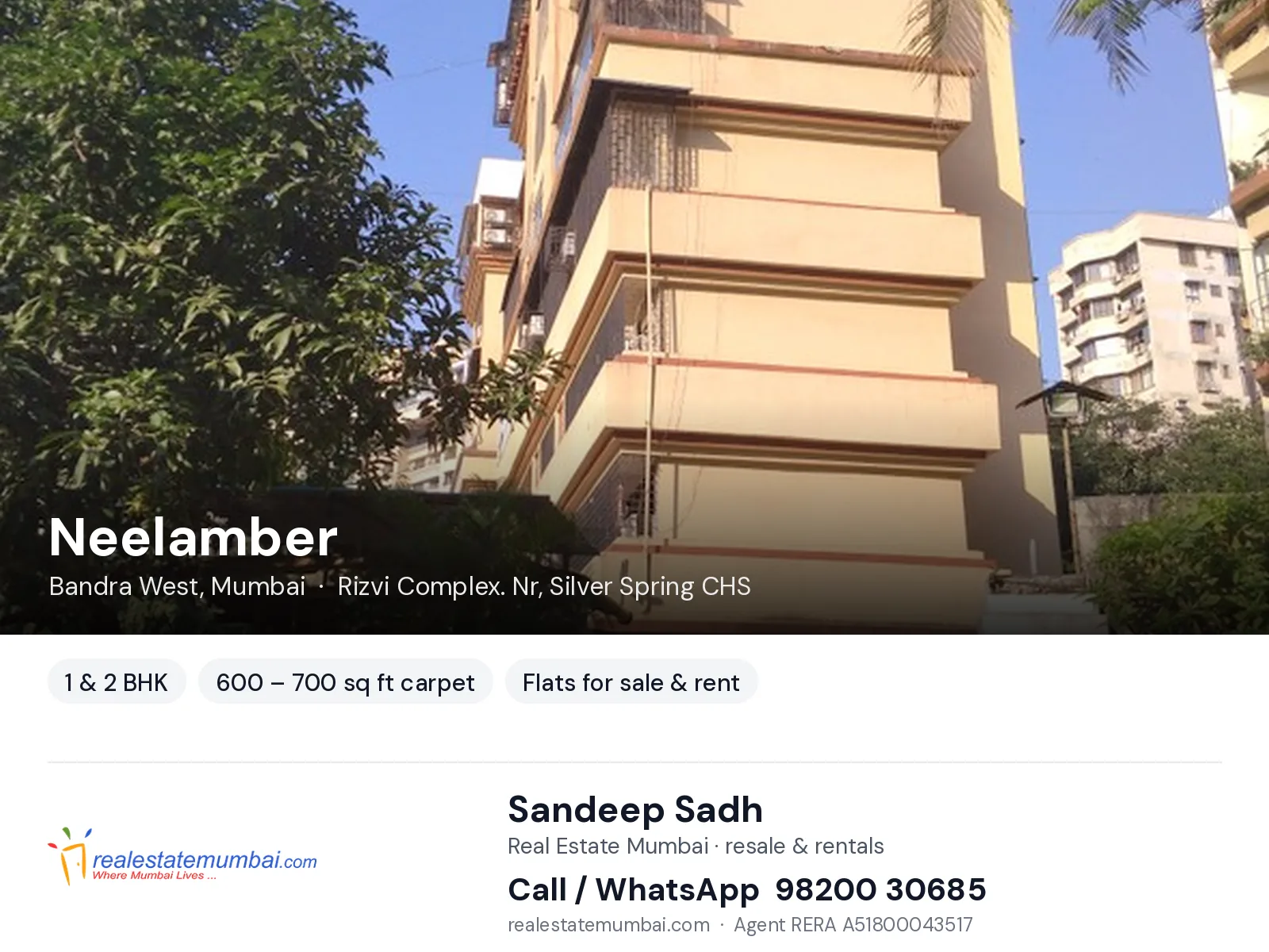 Neelamber, Bandra West, Mumbai — 1 & 2 BHK flats for sale & rent | Real Estate Mumbai, Sandeep Sadh 98200 30685