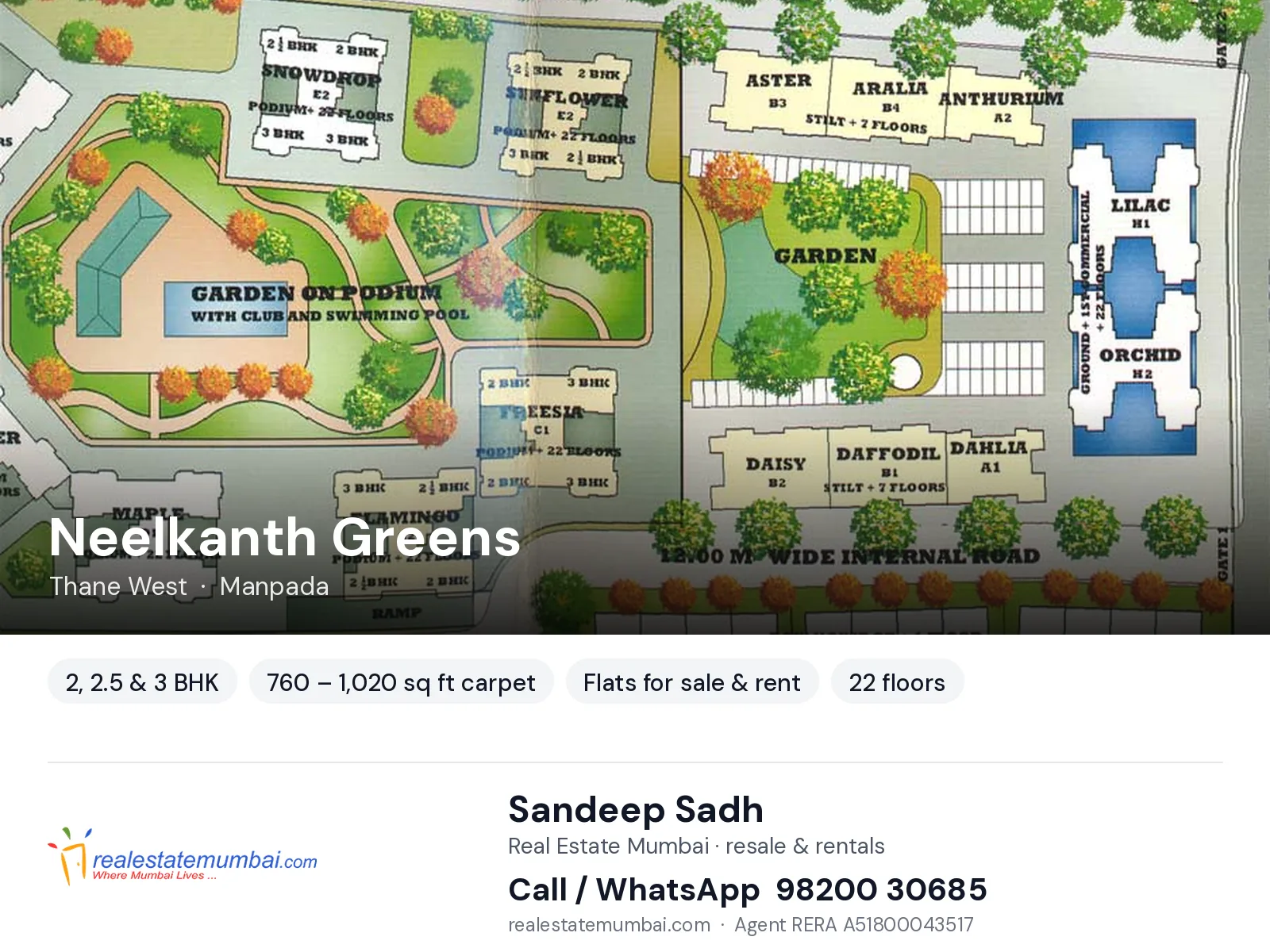 Neelkanth Greens, Thane West — 2, 2.5 & 3 BHK flats for sale & rent | Real Estate Mumbai, Sandeep Sadh 98200 30685