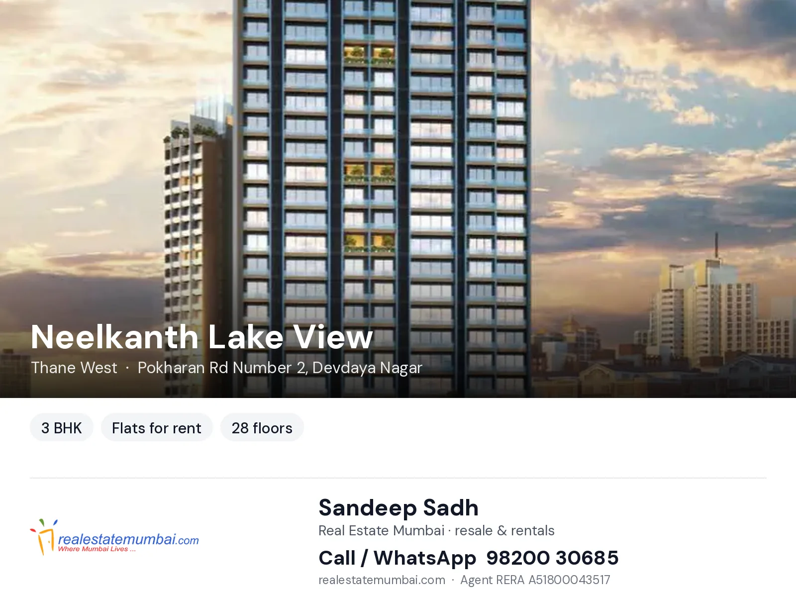 Neelkanth Lake View, Thane West — 3 BHK flats for rent | Real Estate Mumbai, Sandeep Sadh 98200 30685