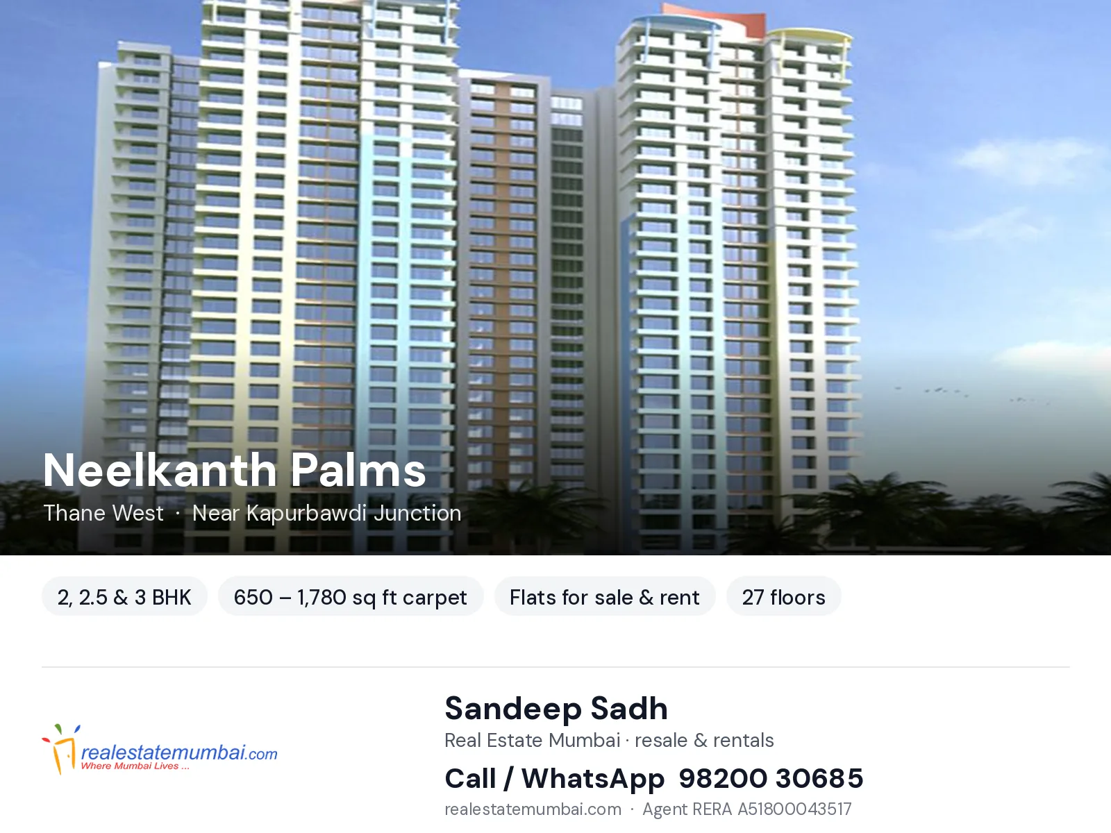 Neelkanth Palms, Thane West — 2, 2.5 & 3 BHK flats for sale & rent | Real Estate Mumbai, Sandeep Sadh 98200 30685