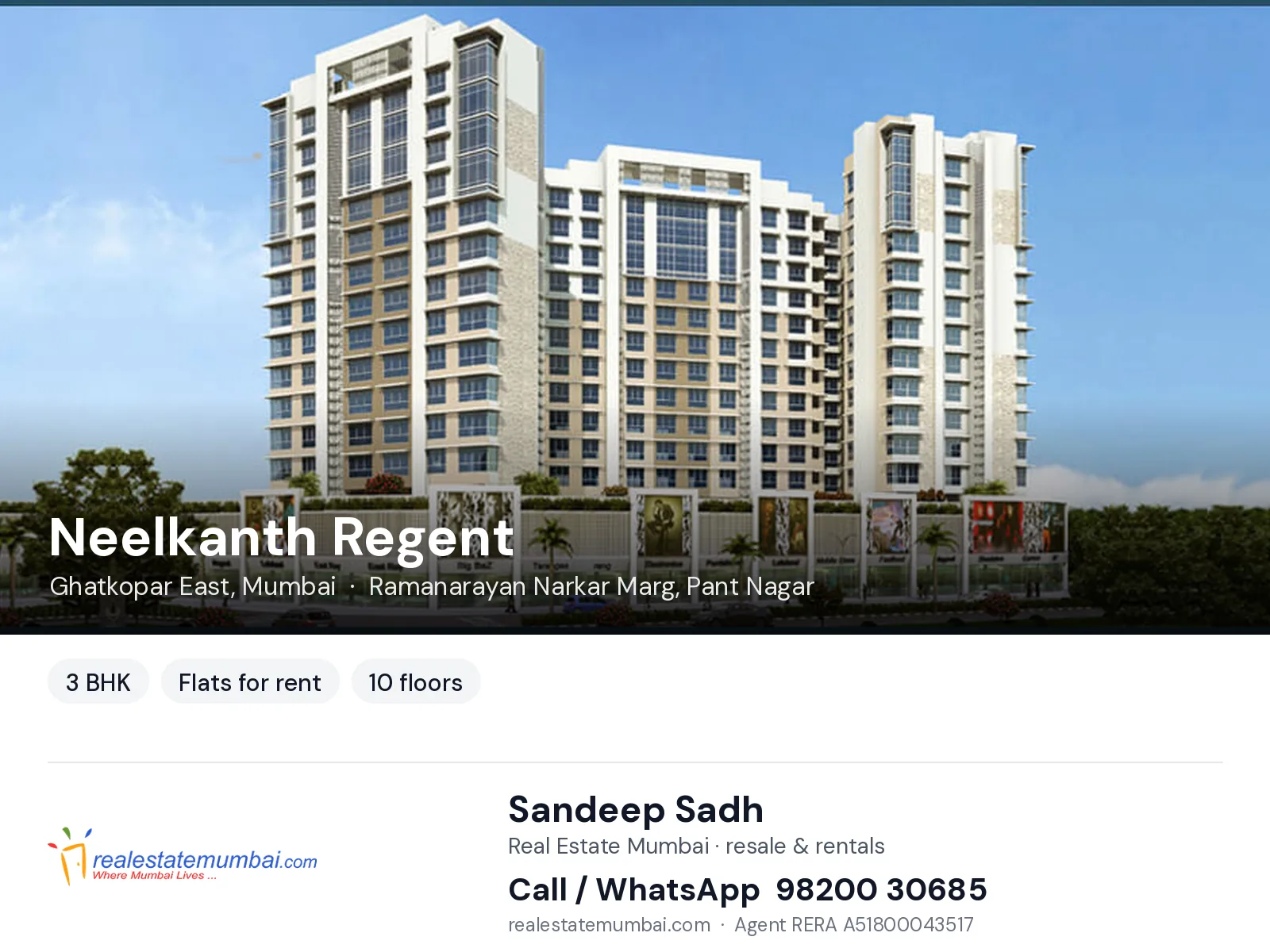Neelkanth Regent, Ghatkopar East, Mumbai — 3 BHK flats for rent | Real Estate Mumbai, Sandeep Sadh 98200 30685