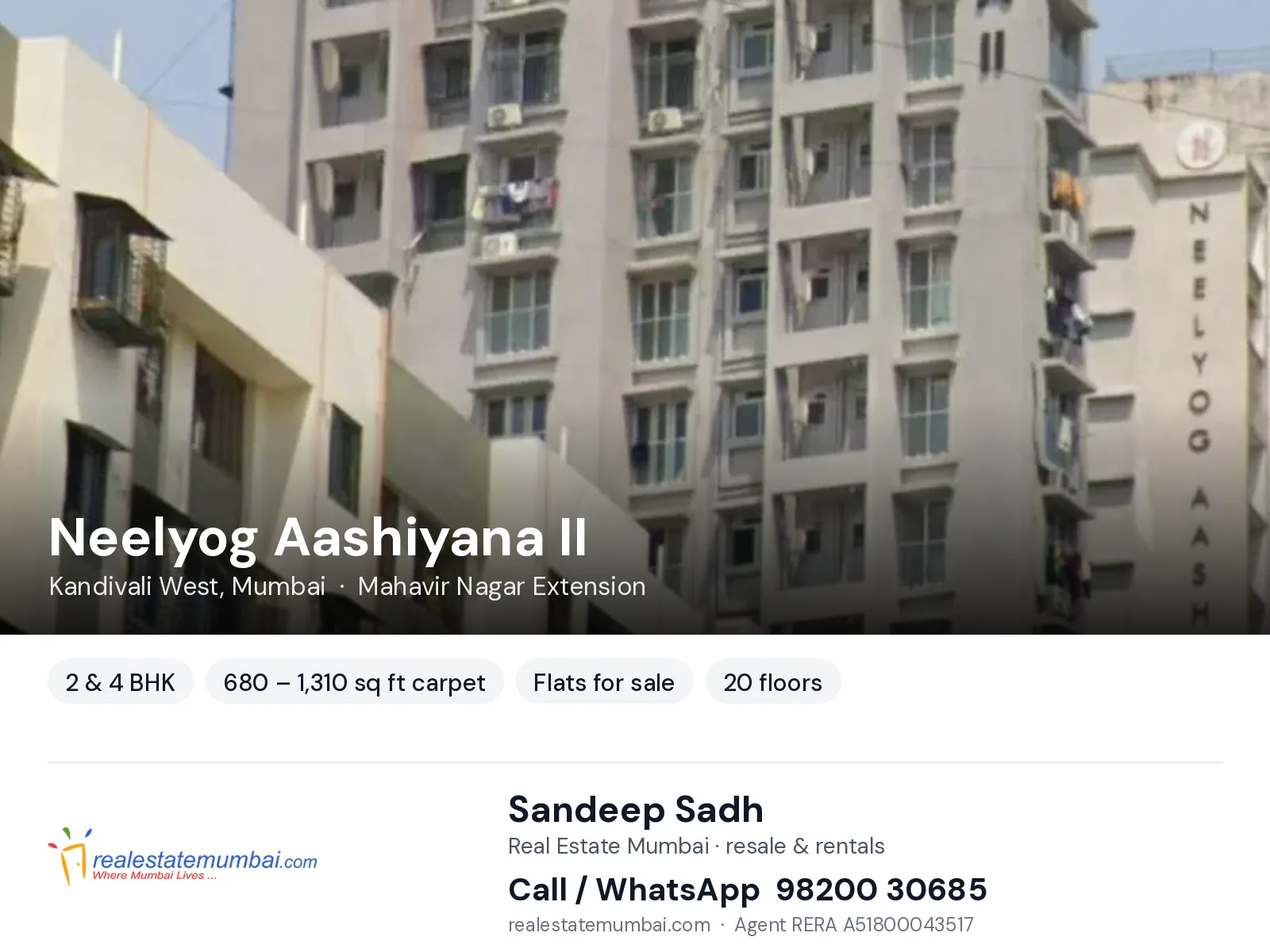 Neelyog Aashiyana II, Kandivali West, Mumbai — 2 & 4 BHK flats for sale | Real Estate Mumbai, Sandeep Sadh 98200 30685