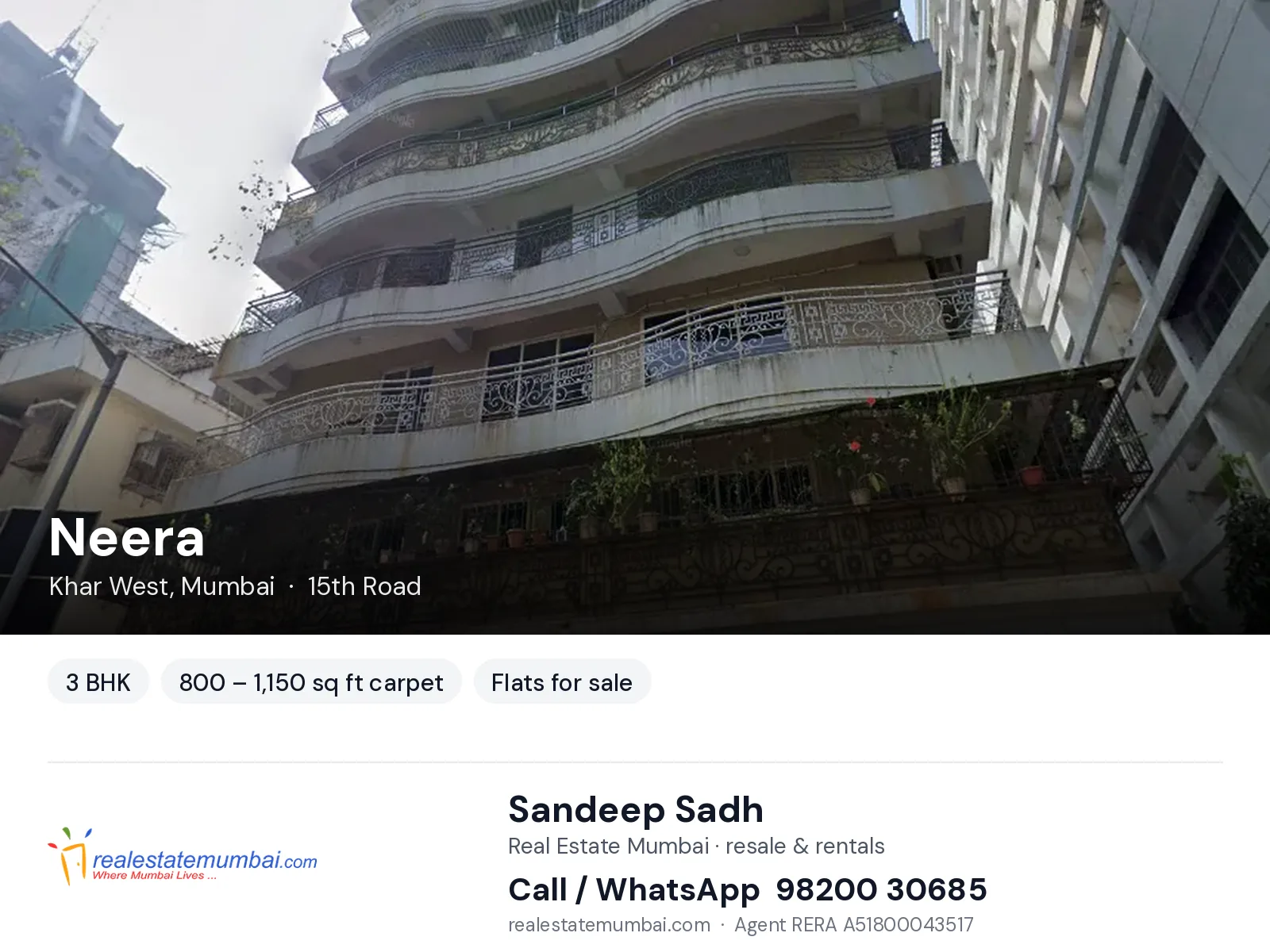 Neera, Khar West, Mumbai — 3 BHK flats for sale | Real Estate Mumbai, Sandeep Sadh 98200 30685
