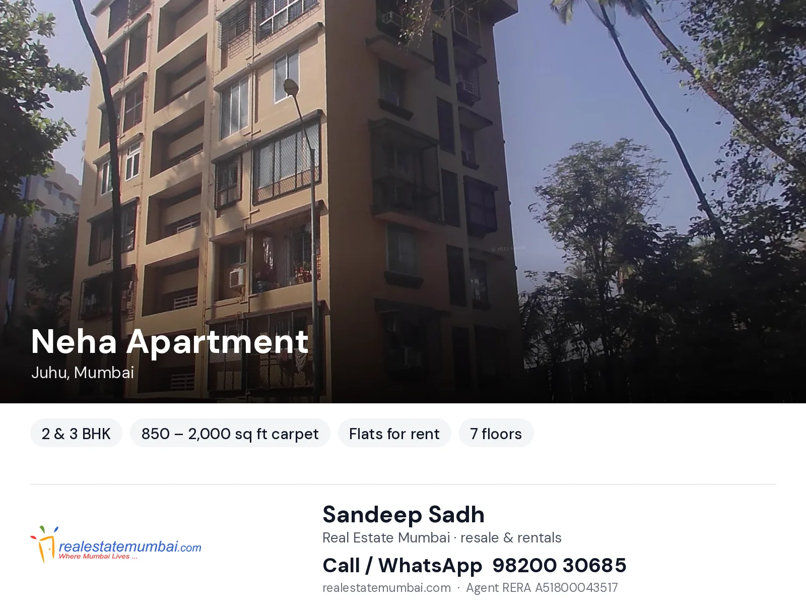 Neha Apartment, Juhu, Mumbai — 2 & 3 BHK flats for rent | Real Estate Mumbai, Sandeep Sadh 98200 30685