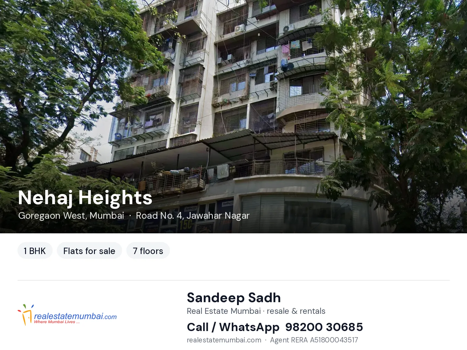 Nehaj Heights, Goregaon West, Mumbai — 1 BHK flats for sale | Real Estate Mumbai, Sandeep Sadh 98200 30685
