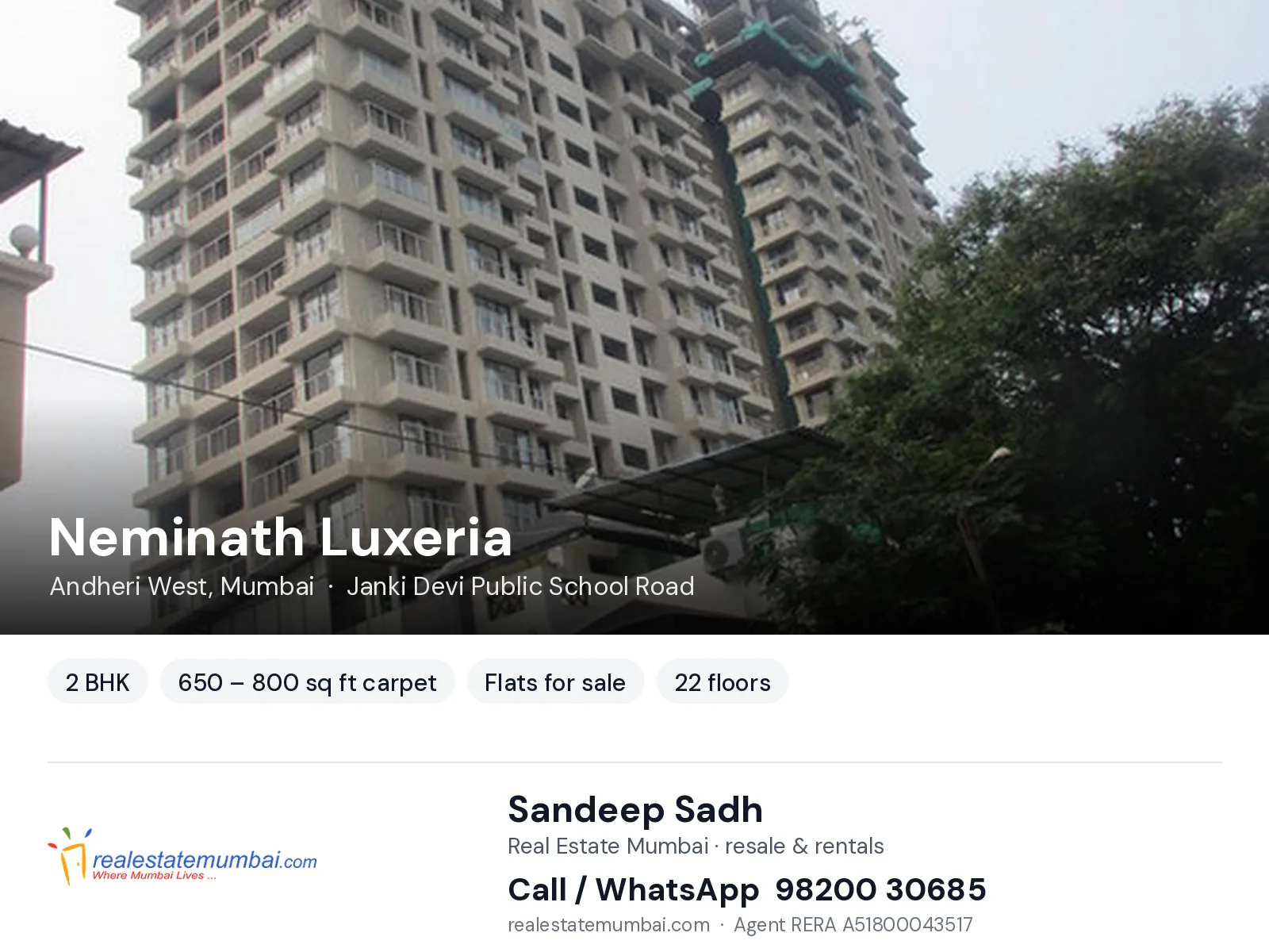 Neminath Luxeria, Andheri West, Mumbai — 2 BHK flats for sale | Real Estate Mumbai, Sandeep Sadh 98200 30685