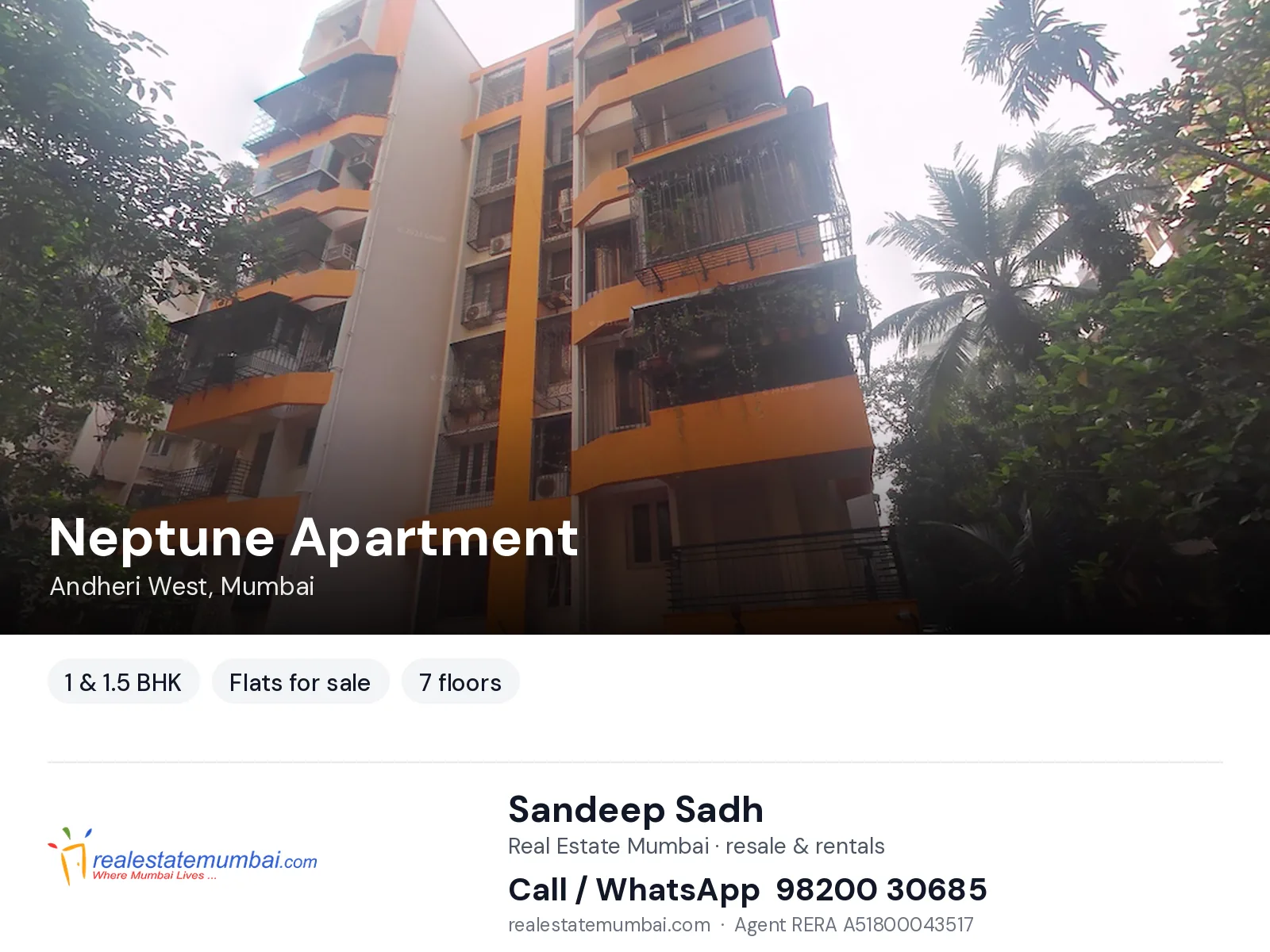 Neptune Apartment, Andheri West, Mumbai — 1 & 1.5 BHK flats for sale | Real Estate Mumbai, Sandeep Sadh 98200 30685