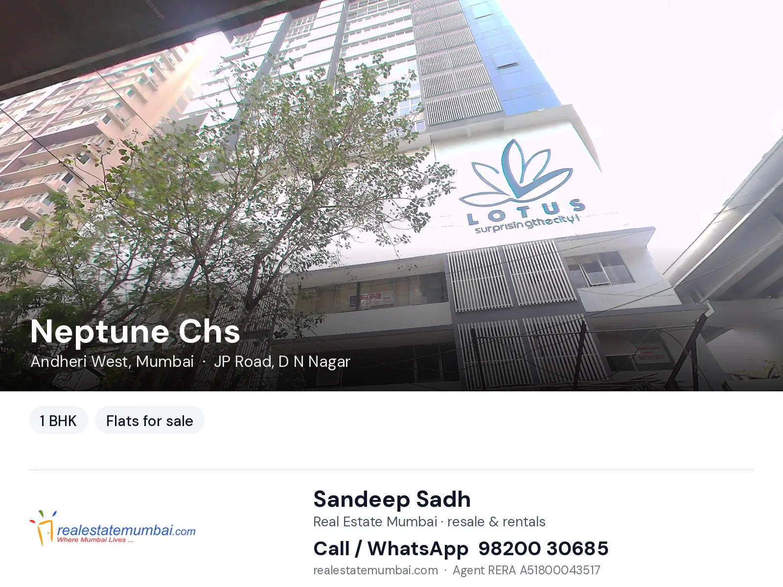 Neptune Chs, Andheri West, Mumbai — 1 BHK flats for sale | Real Estate Mumbai, Sandeep Sadh 98200 30685