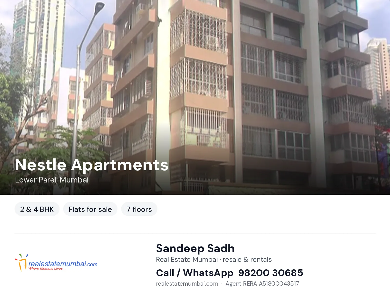 Nestle Apartments, Lower Parel, Mumbai — 2 & 4 BHK flats for sale | Real Estate Mumbai, Sandeep Sadh 98200 30685