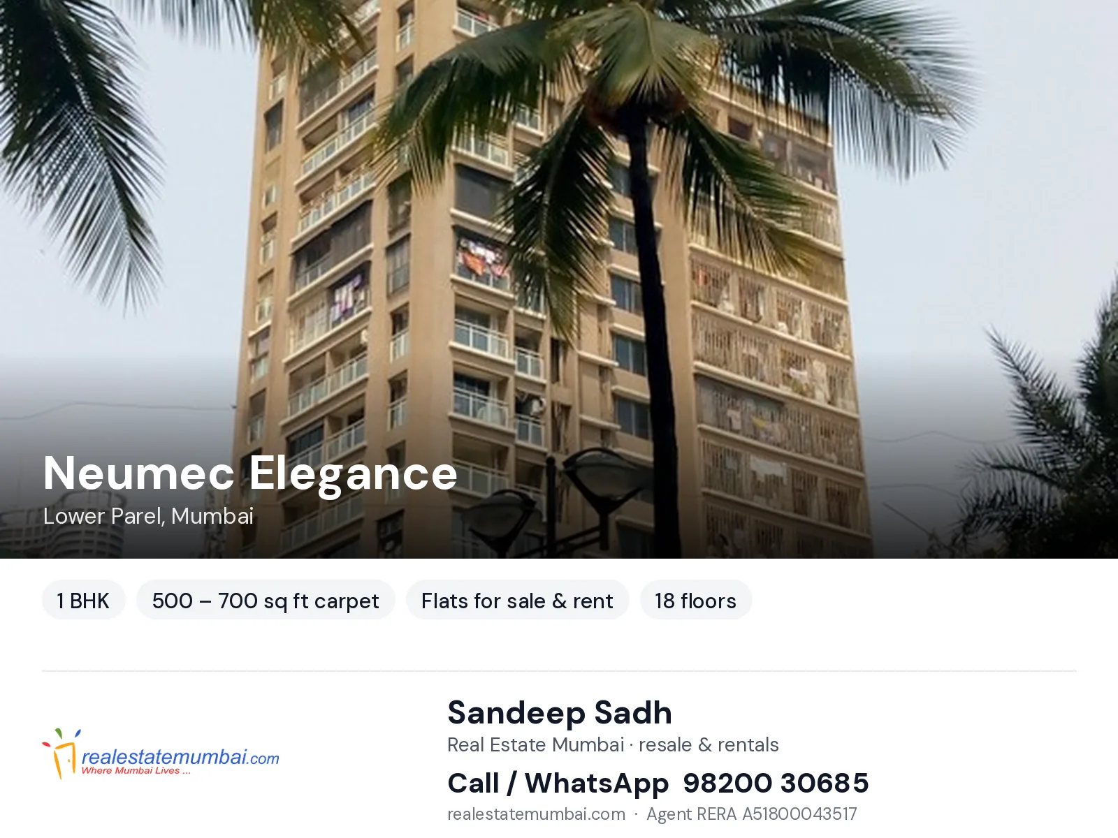 Neumec Elegance, Lower Parel, Mumbai — 1 BHK flats for sale & rent | Real Estate Mumbai, Sandeep Sadh 98200 30685